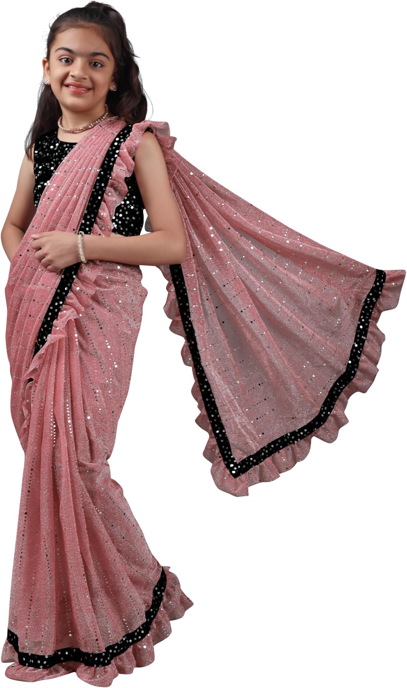 NILKANTHVARNI CREATION Kids Girls Lycra Blend Saree With Unstitched Sequence Blouse Piece (3-4 yrs to 11-12 yrs)