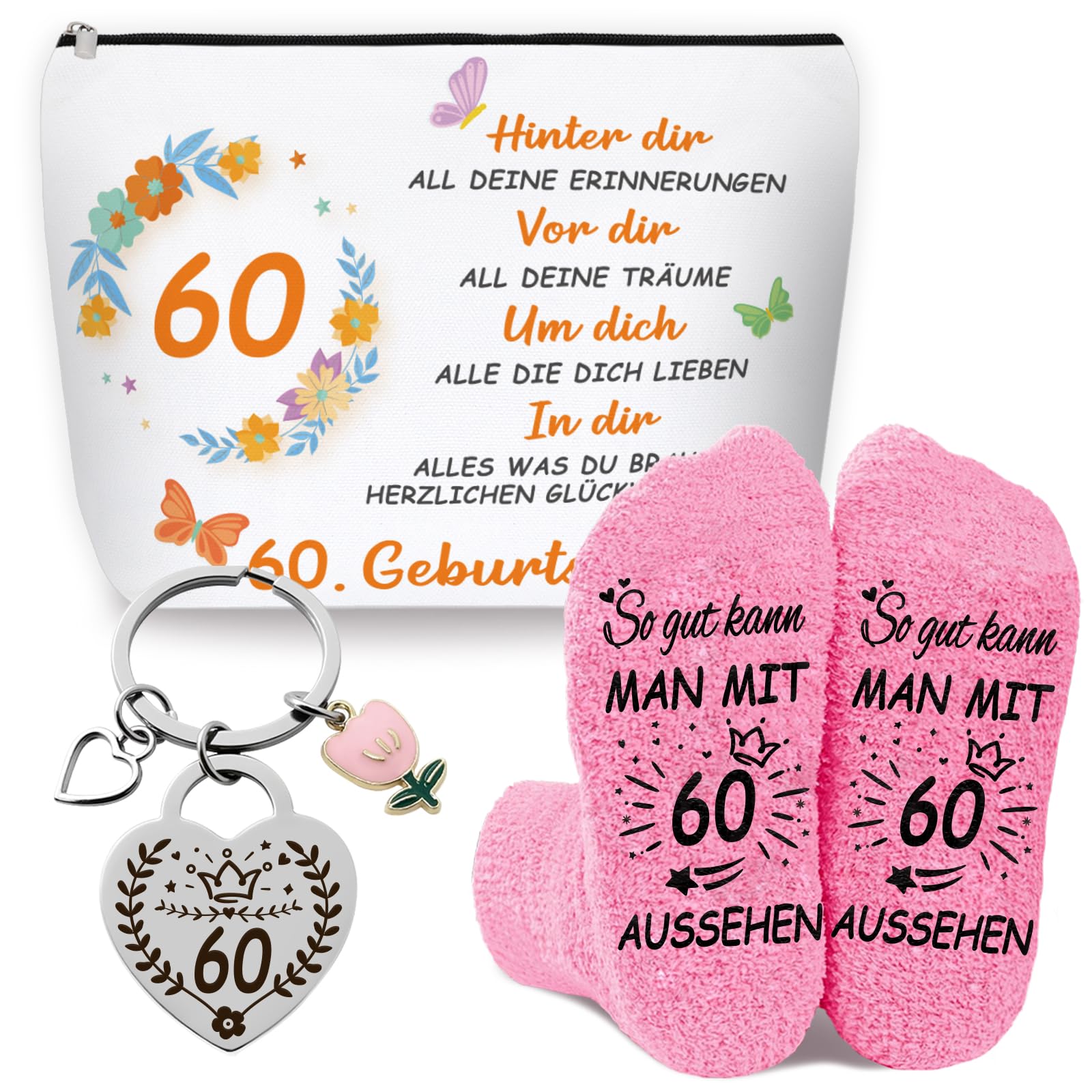 WAMIOKAGRO Geschenk 60 Geburtstag Frau Geschenke für Frauen ab 60, Geburtstagsgeschenk für Frauen, Socken Kosmetiktasche und Schlüsselanhänger, Geburtstag 60 Frau Mama Oma Ehefrau Schwester Kollegin