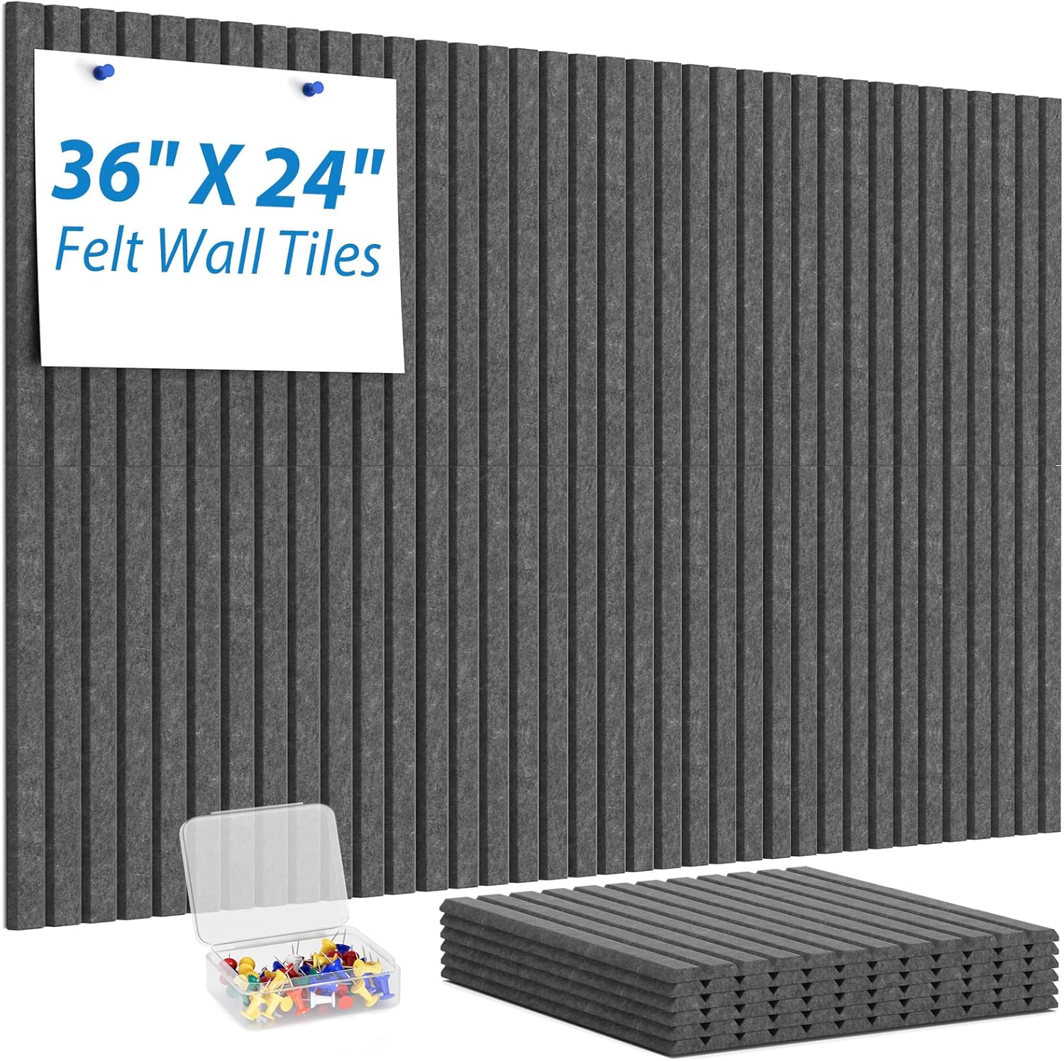 MaxGear 6-Pack Dark Gray Felt Bulletin Boards 36x24" - Cork Board Alternative, Soundproof Slat Wall Tiles with Push Pins for Office Home Decor
