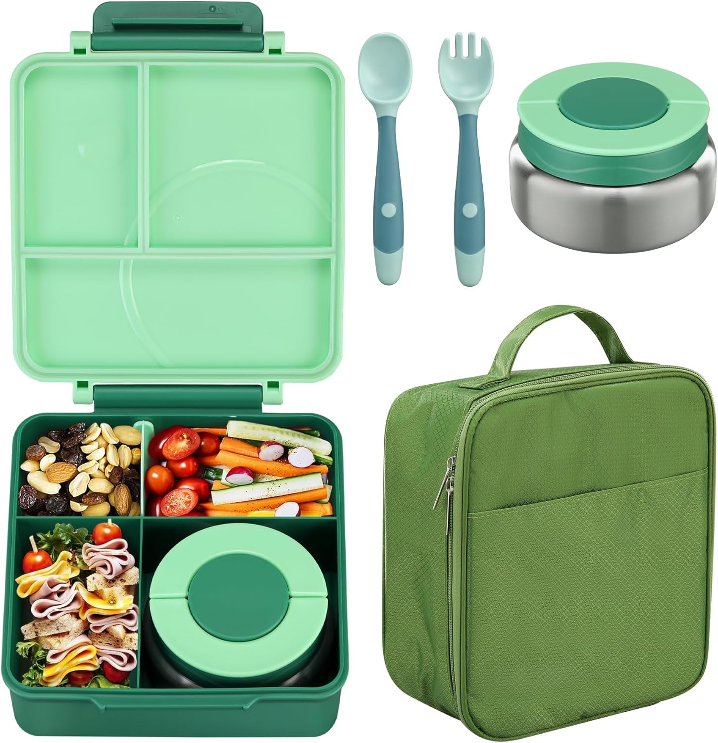 Bento Lunch Box Set for Kids with 8oz Soup Thermo, Leak-Proof Lunch Containers with 4 Compartment, Kids Thermo Hot Food Jar and Insulated Lunch Bag for Kid to School-Green