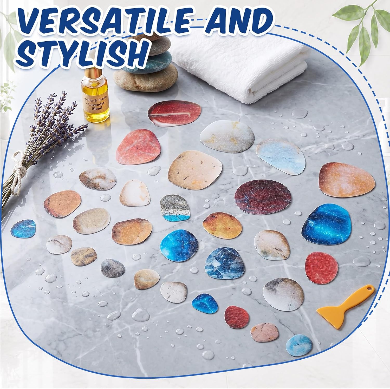 Fullhawl 30 Pcs Pebble Stone Non Slip Shower Stickers, Bathtub Safety