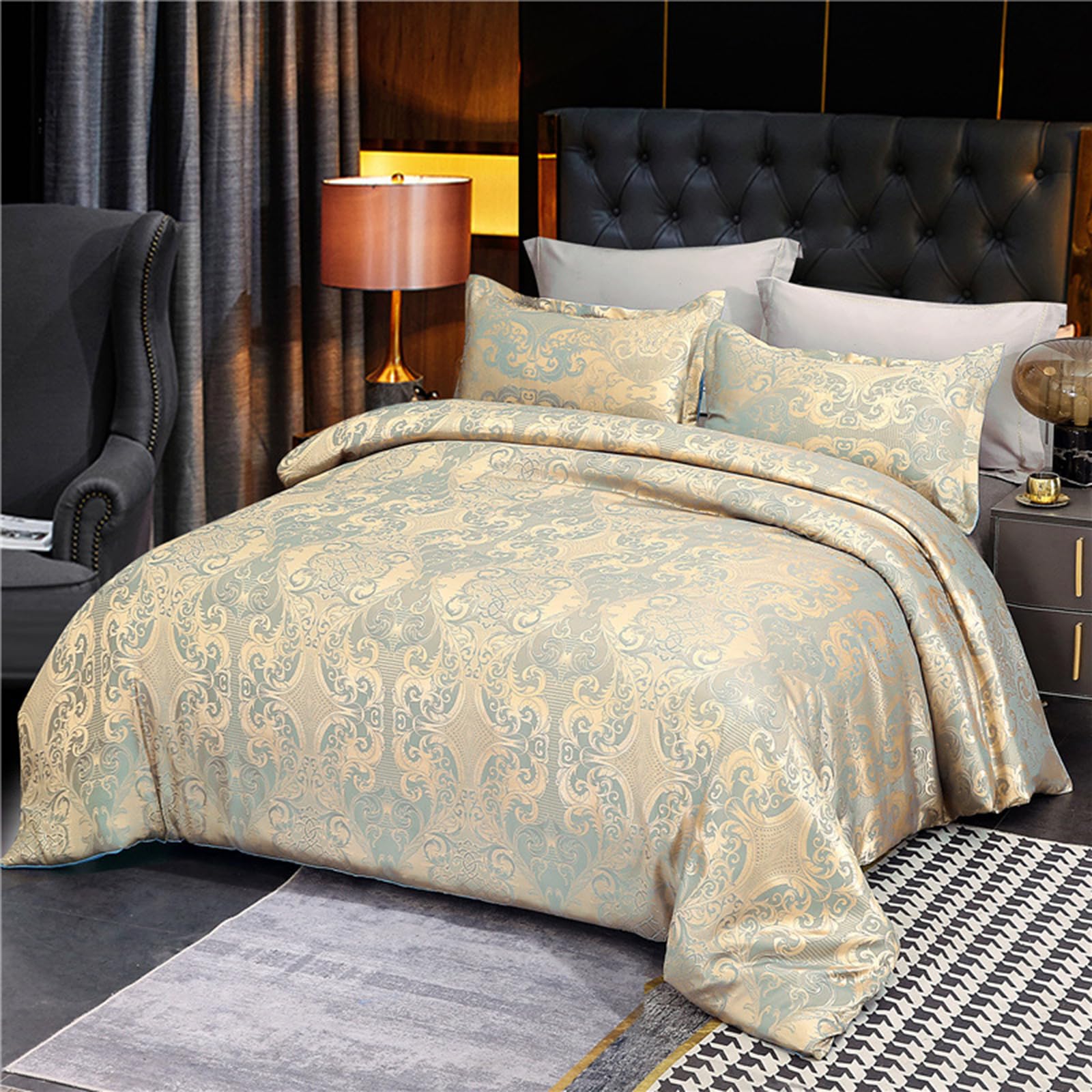 E-yimeng Double Bedding Set Bohemian Duvet Cover Sets Turquoise Boho Silk Satin Bed Cover with 2 Pillowcases Zipper Luxury Bedding Collections 200x200 cm โ image 1
