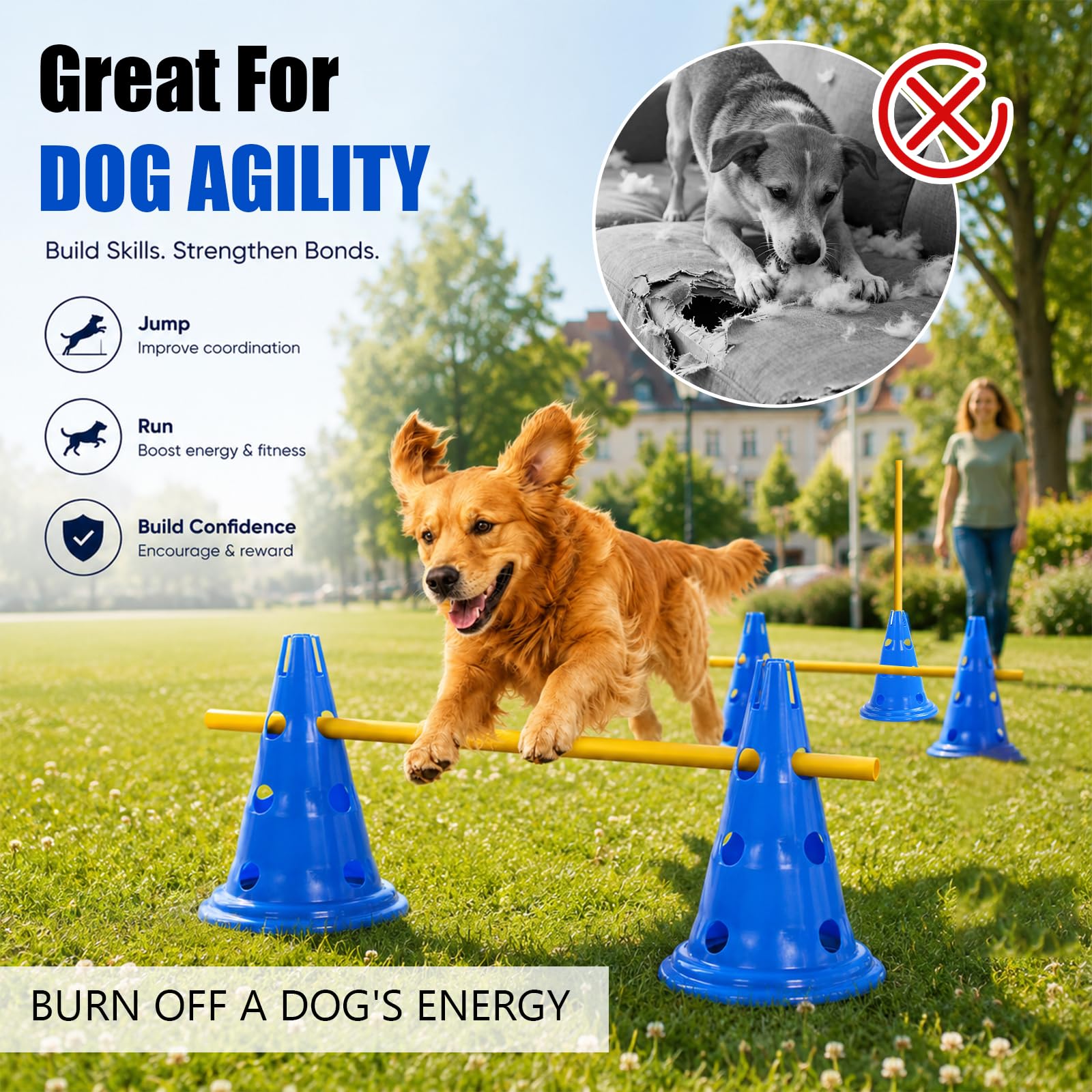 Agility Set Hunde, 5 Hürden (10 Kegel 30cm Höhe+ 10 Stangen 40cm Lang)