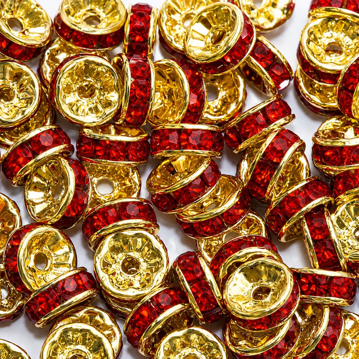 100pcs Glass Rhinestone Rondelle Spacer Beads, 8mm, Gold Red