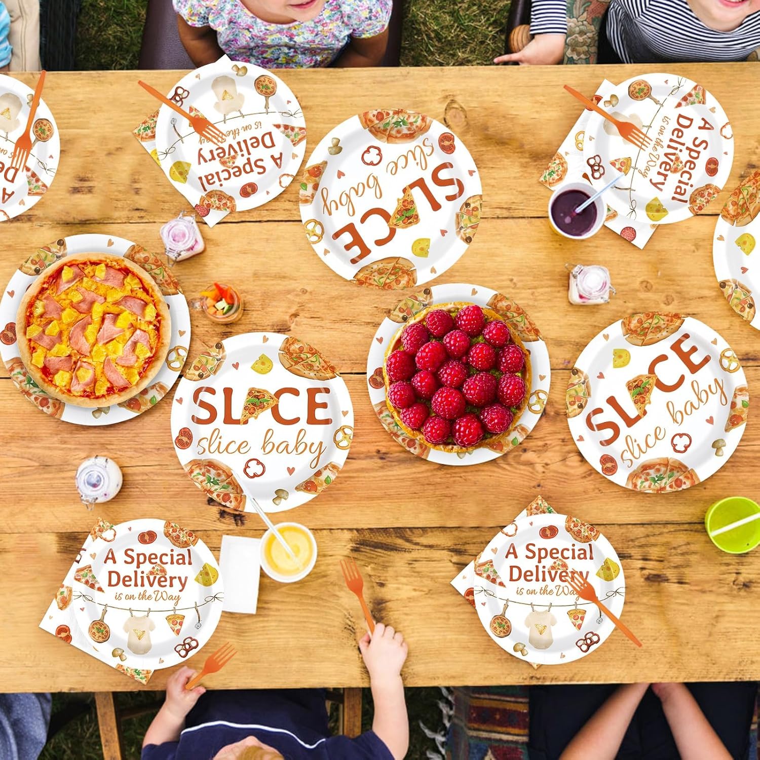 96Pcs Pizza Baby Shower Party Supplies Slice Slice Baby Plates and Napkins Disposable Fast Food Pizza Tableware Set for Boys or Girls Funny Pizzeria Baby Shower Birthday Party Decorations Serves 24