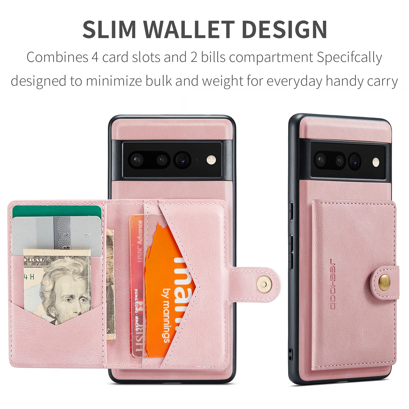 HAII for Google Pixel 7A Case PU Leather Wallet Case Detachable Magnetic Back Card Pockets Shockproof Protective Cover for Google Pixel 7A 2023 (Pink)