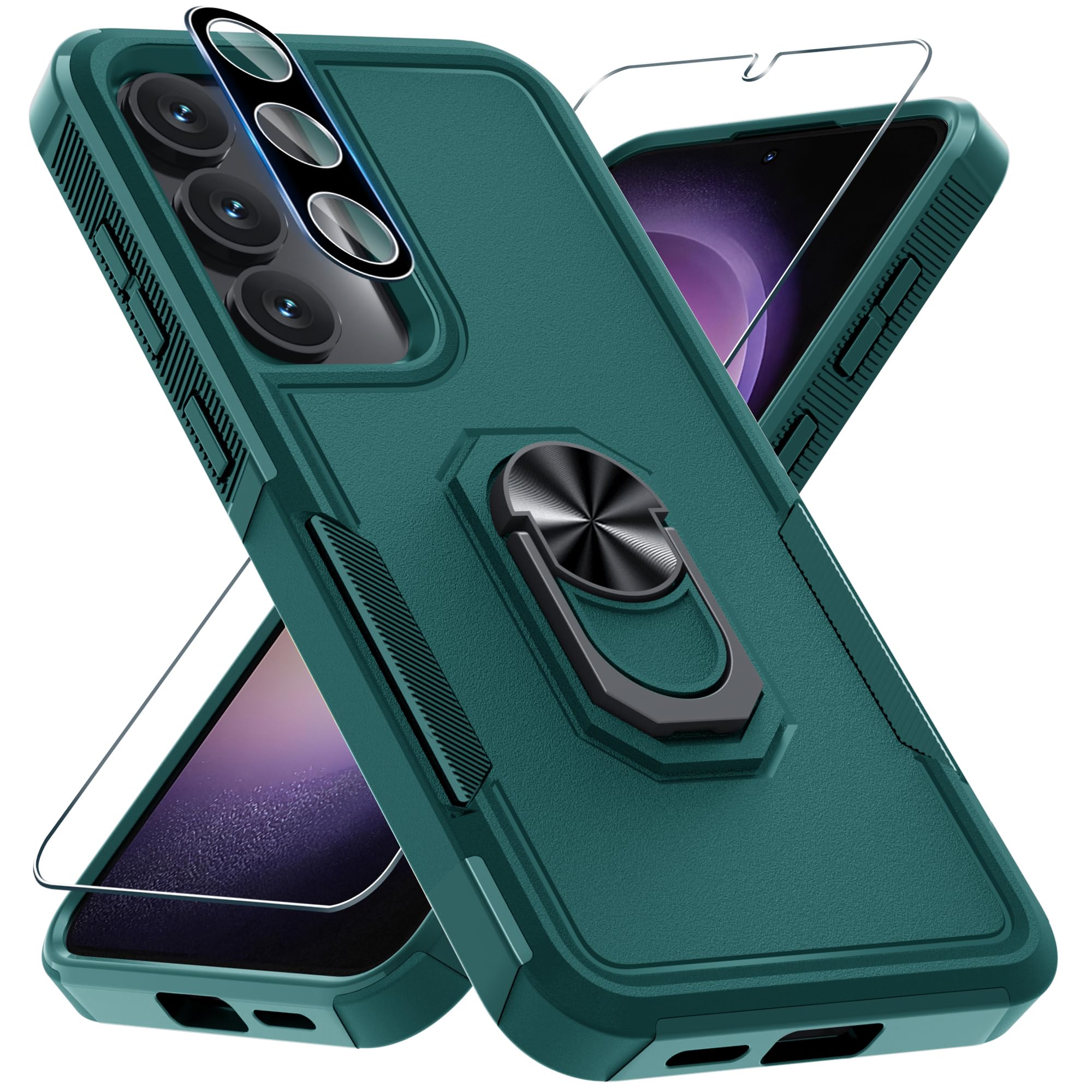 for Samsung Galaxy S25 Plus/S24 Plus Case with Screen Protector+Camera Lens Protector,Heavy Duty Shockproof Full Body Protective Cover Built in Rotatable Metal Ring Holder Kickstand,2025 Dark Green