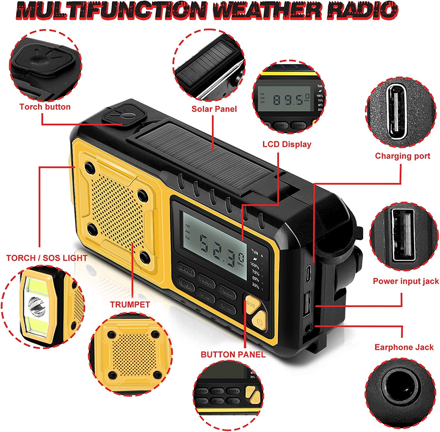 Radio Solaire Portable Urgence Météo 5000 mAh Manivelle FM/AM/SW Dynamo avec Lampe LED Alarme SOS USB Écran LCD Charge de Téléphone Prise d'Écouteur pour Randonnée Camping