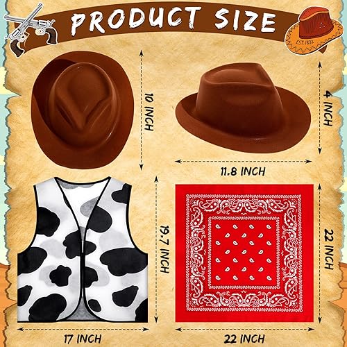 Miniatura 2 de El juego de 18 piezas de disfraz occidental para niños incluye 6 sombreros de fieltro de vaquero occidental con 6 bandanas, 6 chalecos de vaca para