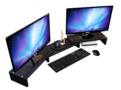 Computer Monitor Stand Riser for 2, Dual, Double, 3, Triple, Multi, Multiple Desktop Monitors with Adjustable Length & Angle, Laptop Corner Stands Lift Organizer, Long Wood Black Shelf Desk Storage