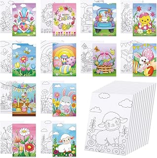 Anseal 12 Packs Pre Drawn Canvas to Paint, 5" X 7" Pre Printed Canvas for Kids, Pre Stretched Canvas Outline Painting Boards for Beginners, Students, Party Favor (Easter)
