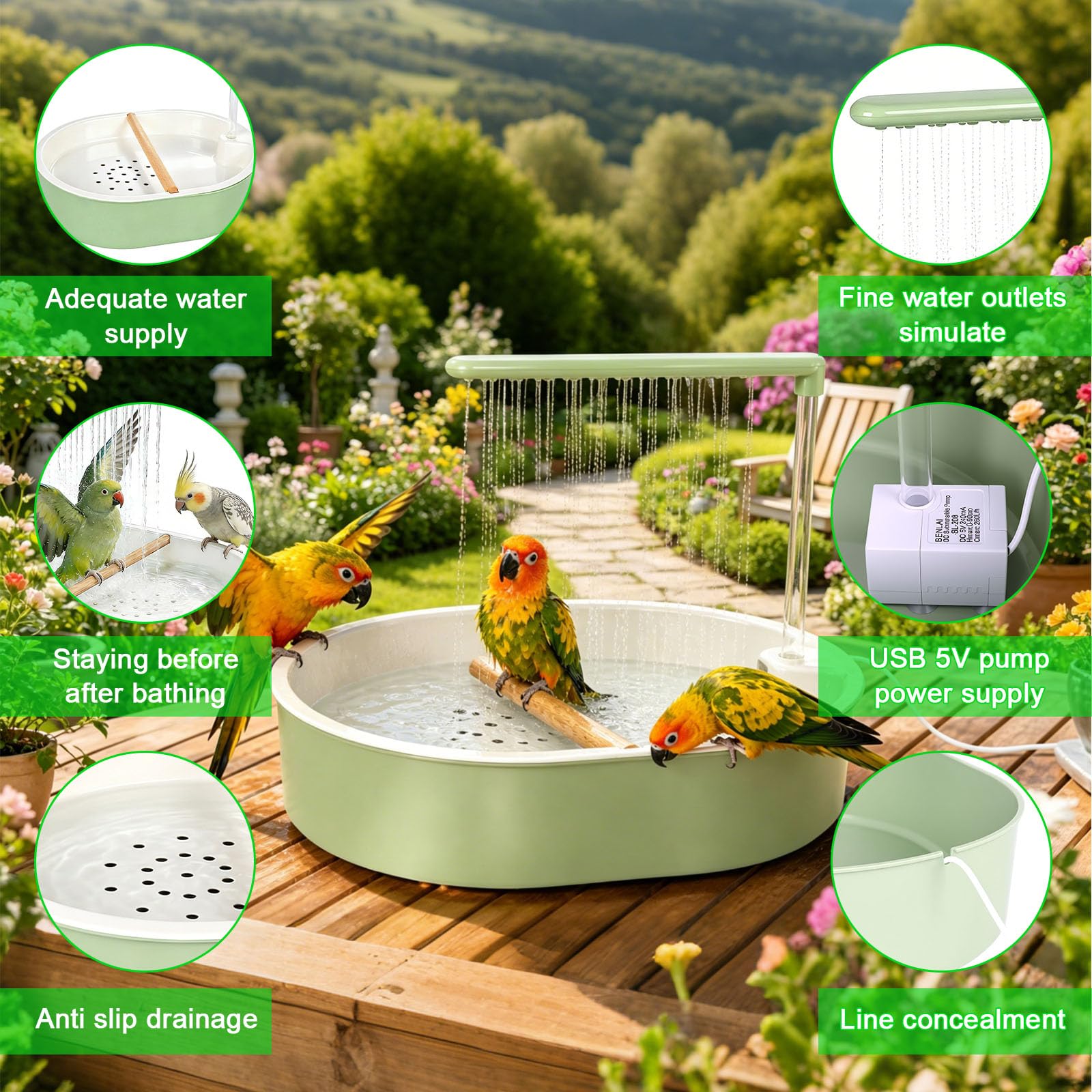 Ducha para pájaros, periquitos, ducha con bomba USB, ciclo de agua, para periquitos, periquitos, cacatúas, verde