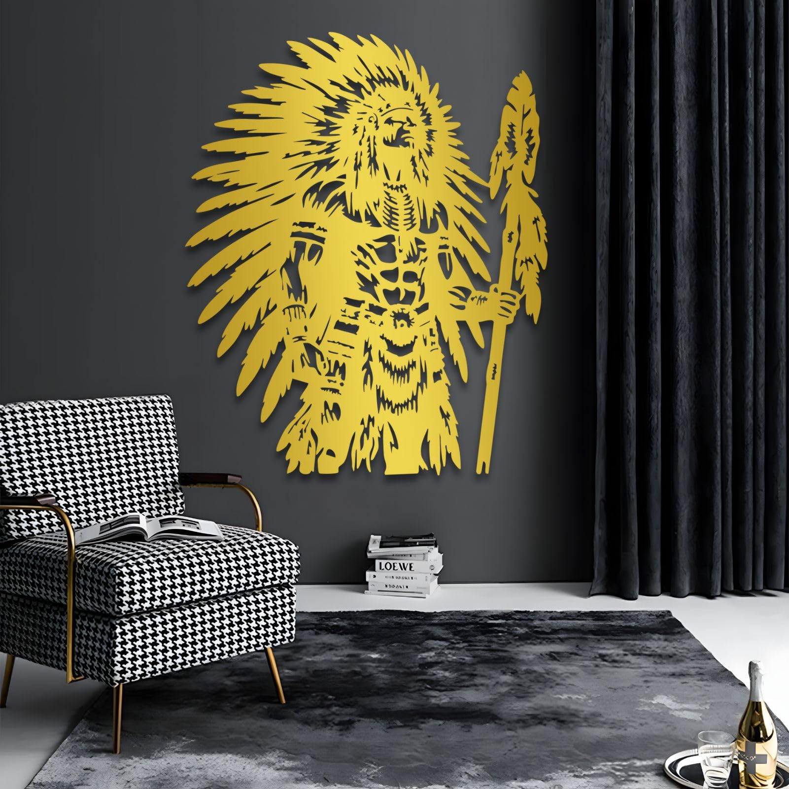 Décoration Murale en métal représentant Un Guerrier amérindien, Chef Tribal, pour Salon, Chambre, Bureau ou Salle de Jeux (Argent, 80 x 65 cm)