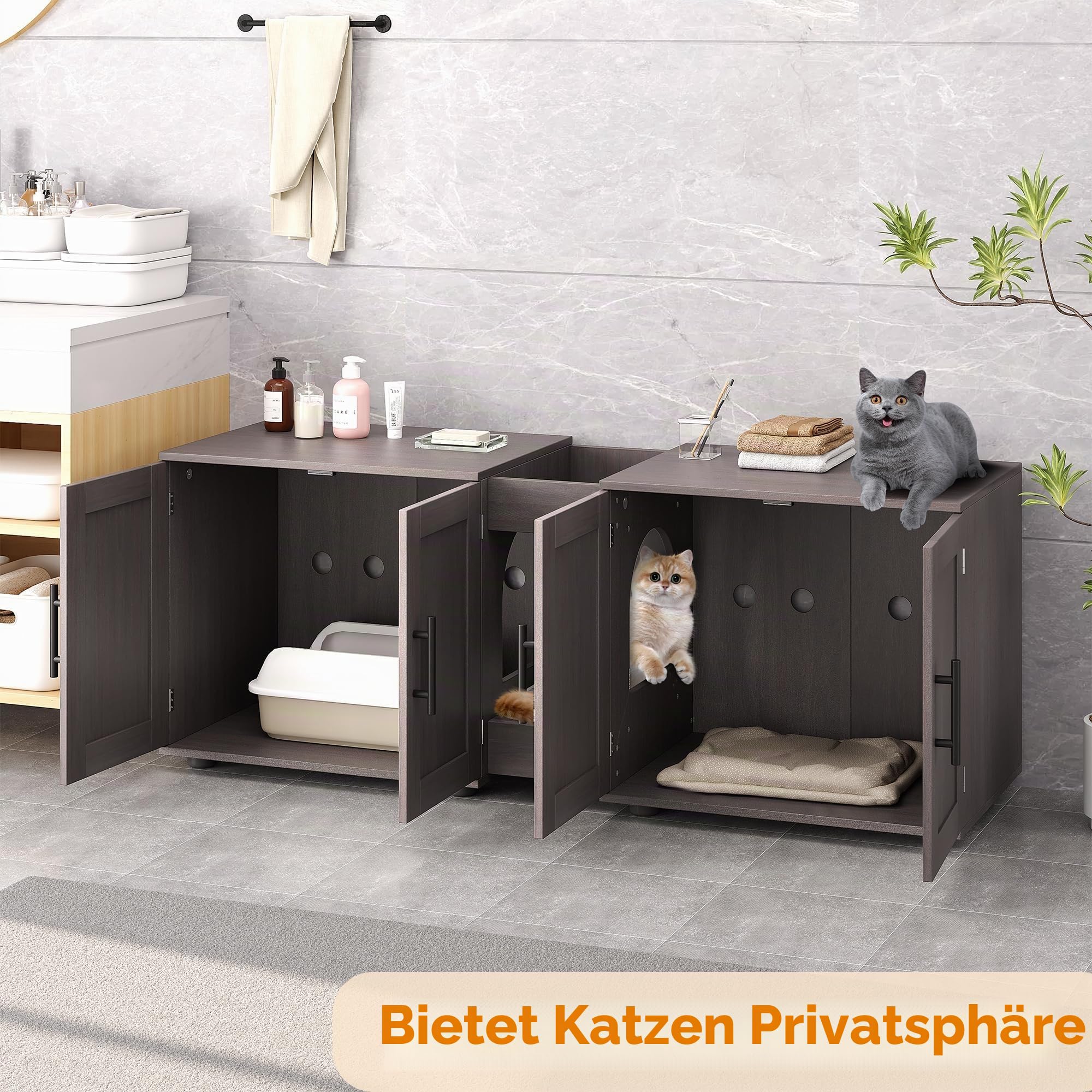 Katzenklo-Schrank für 2 Katzen – Großes Doppelzimmer-Katzenhaus, verstecktes Katzenklo-Möbel mit Scheunentor, wasserfeste & Pflegeleichte Oberfläche, Stauraum, Wohnzimmer Holz, 140 cm