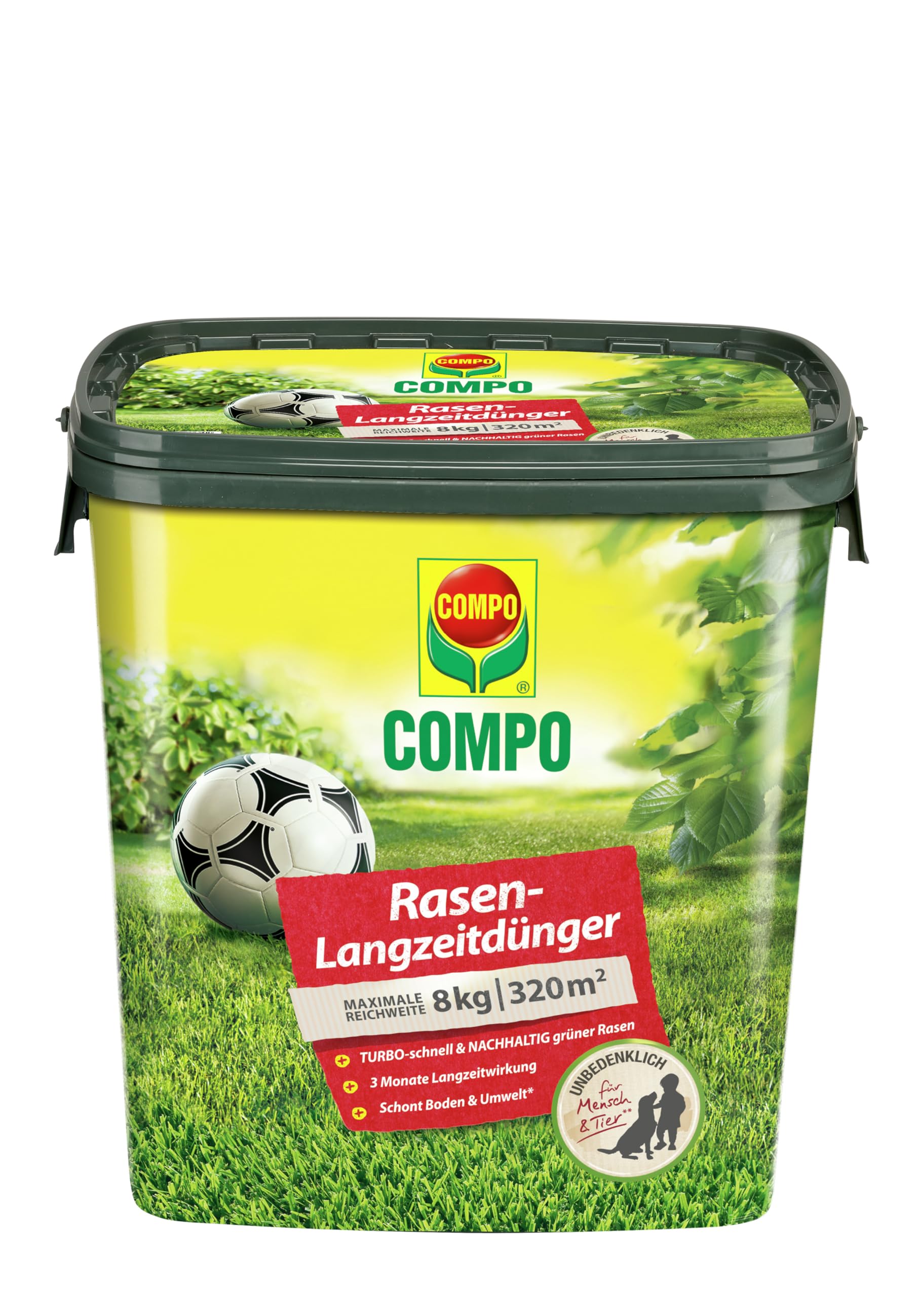 COMPO Rasendünger mit 3 Monaten Langzeitwirkung für Frühjahr und Sommer - tierfreundlich - Premium Rasen-Langzeitdünger - 8 kg für 320 m²,