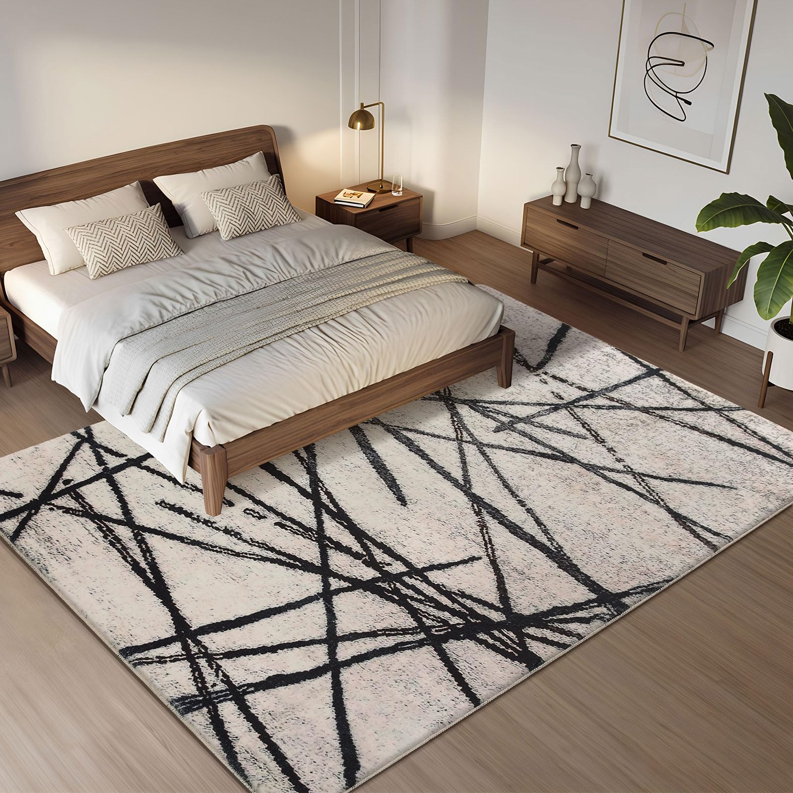 Tappeto Salotto Moderno a Pelo Corto Antiscivolo Quadro Astratto Oriental Tappeto per Soggiorno,Camera Da Letto (Beige/A righe Nero, 200 x 250 cm)