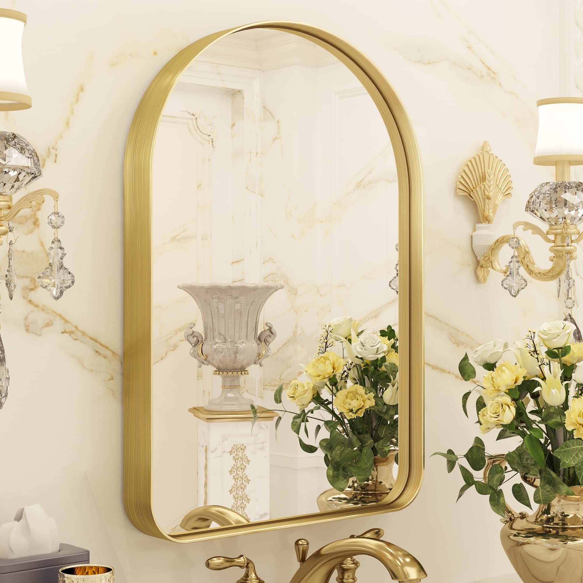 TETOTE Gold Arched Mirror for Vanity, 20x30 Wall Mounted Bathroom Mirror, Brushed Brass Metal Framed Farmhouse Mirrors for Makeup, Decorative Shatterproof Mirror for Entryway, Living Room, Fireplace