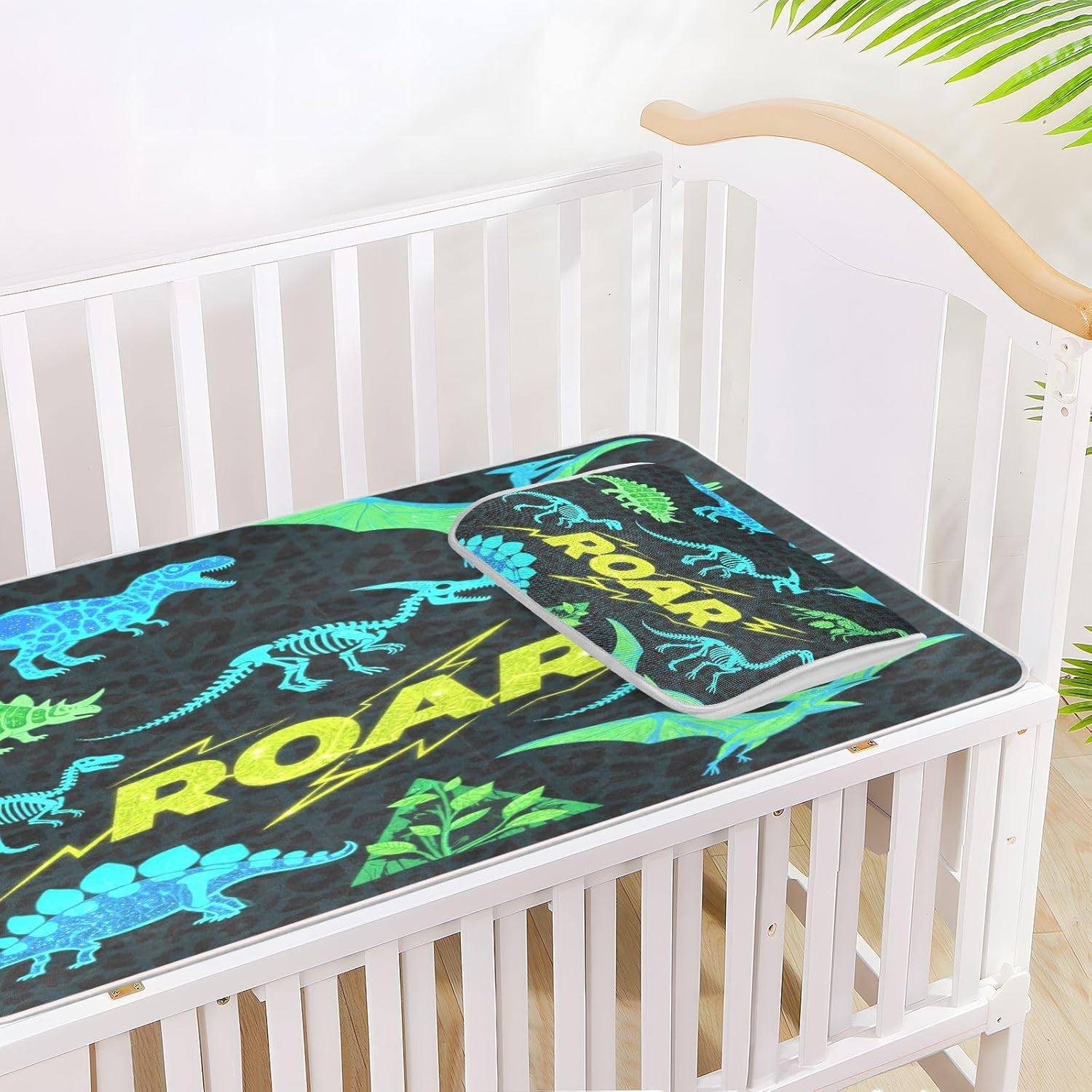 cooling baby crib waterproof mattress 28" x 52" reusable Roaring T-rex Pterosaur Ankylosaurus Black Fluorescent Green pads for kids for baby&toddler
