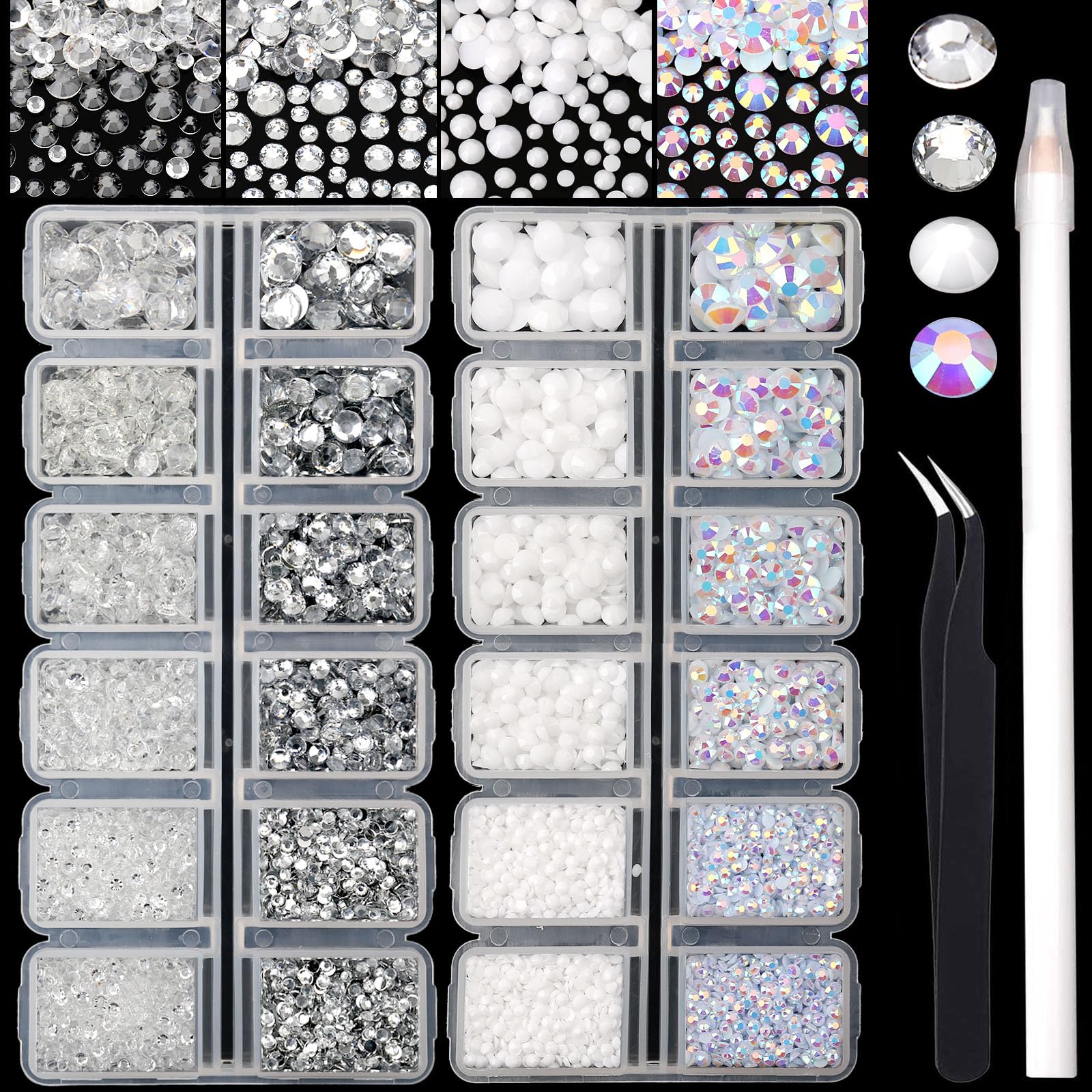 AUREHEN 15000PCs 2-6MM White Series Resin Flat Back Rhinestones, Round Non Hotfix Jelly & Silver Bottom Resin Rhinestones Nail Gems Stones with