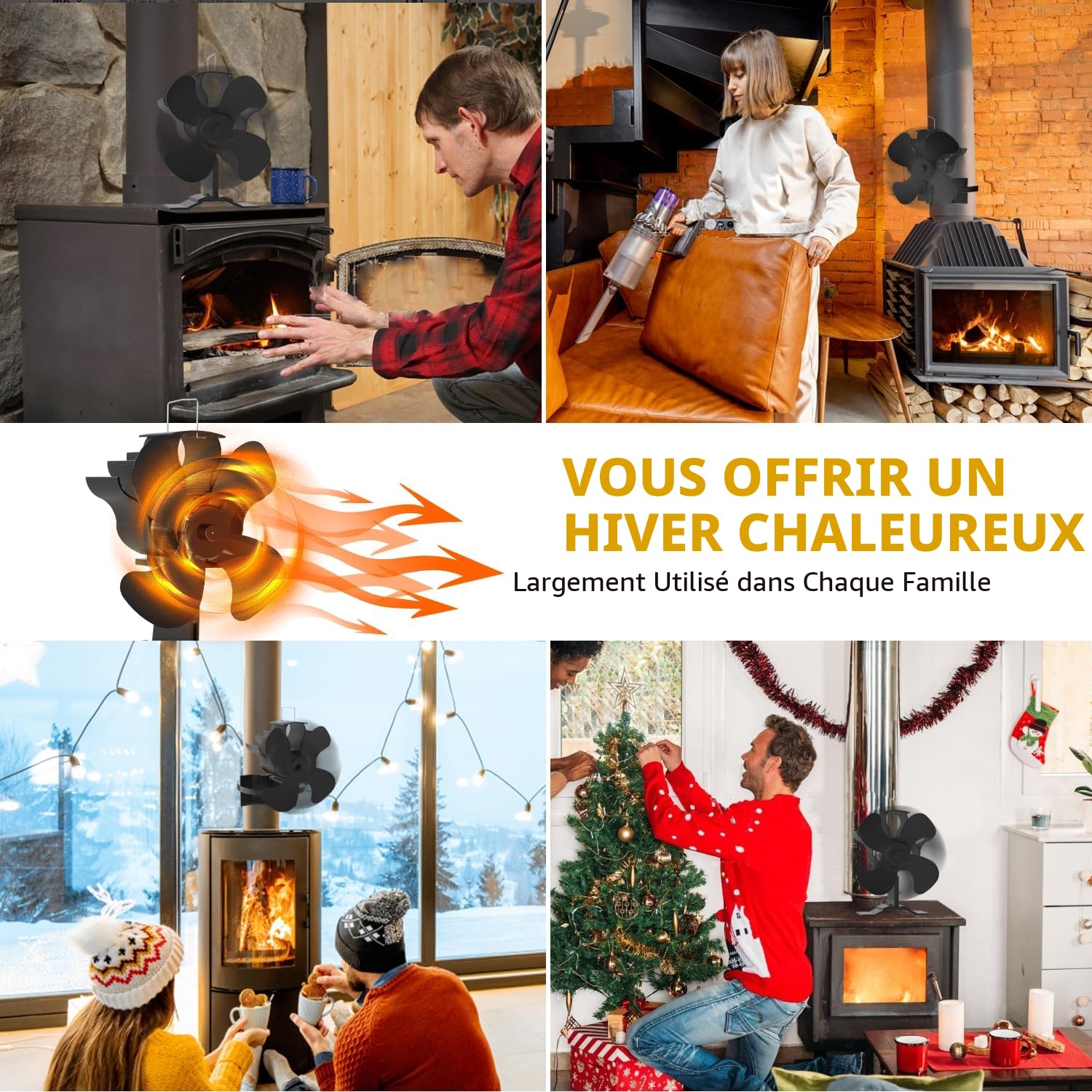2 en 1 Silencieux Ventilateur de Poêle à Bois/à Granulés avec Theromètre, pour Cheminée/Gaz/Bûche