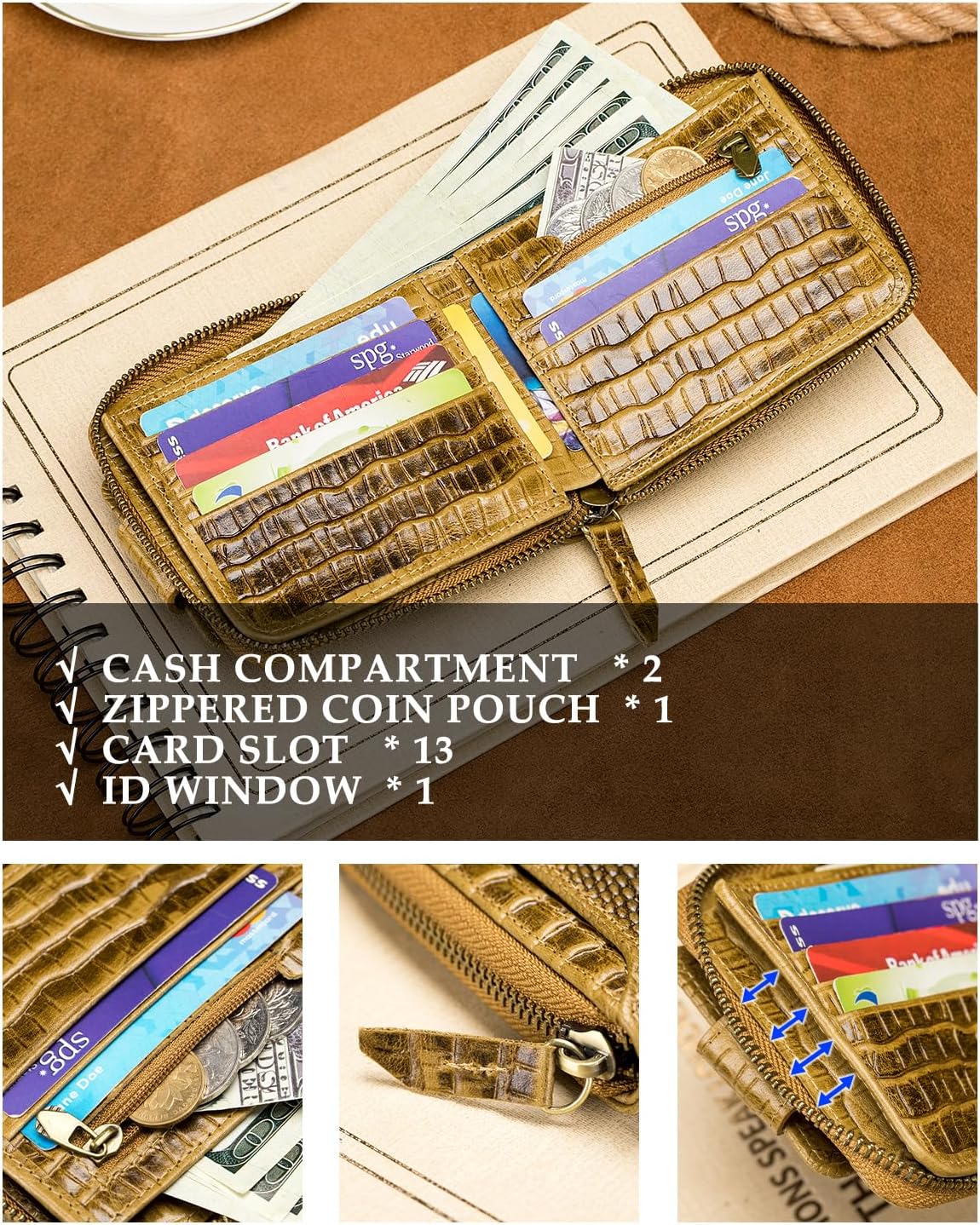 STEELLION Men's Genuine Cowhide Leather Wallet, Crocodile Embossed Bifold with 15 Card Slots, RFID Blocking & Secure Zipper Coin Pocket - Image 5