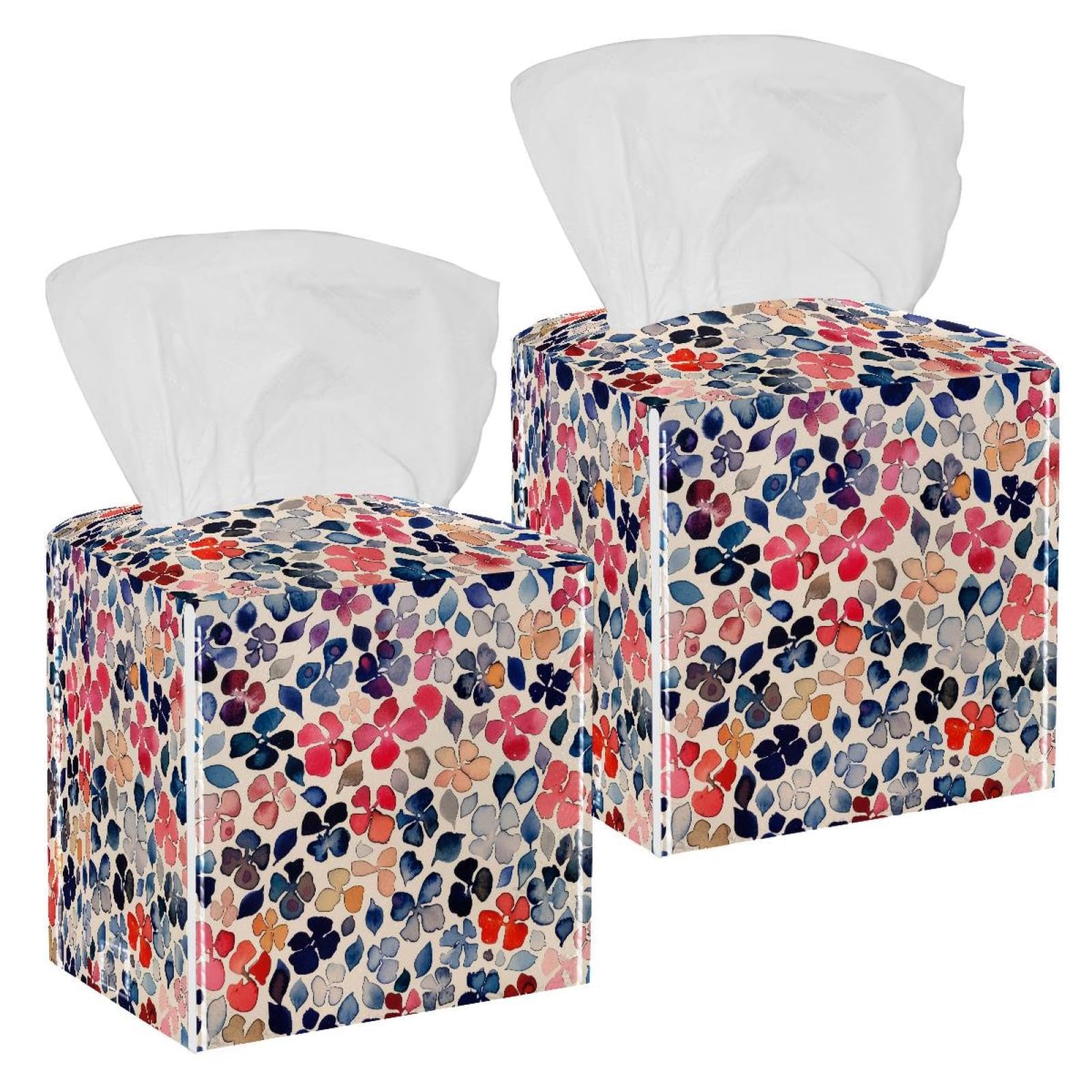 Aesthetic Art Tissue Box Cover, 2 Pack PU Leather Square Facial Tissue Dispenser Box holder for Home Office Car
