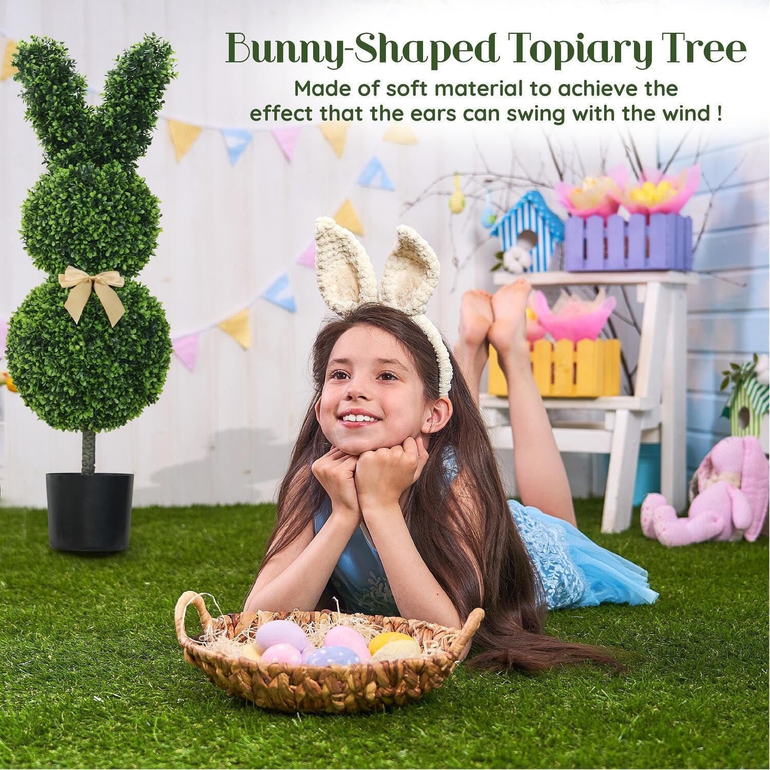Topiario de conejo para exteriores, árbol topiario artificial verde en forma de conejo, plantas de arbusto de boj sintético, planta topiaria de boj de conejo de Pascua para decoración de porche en