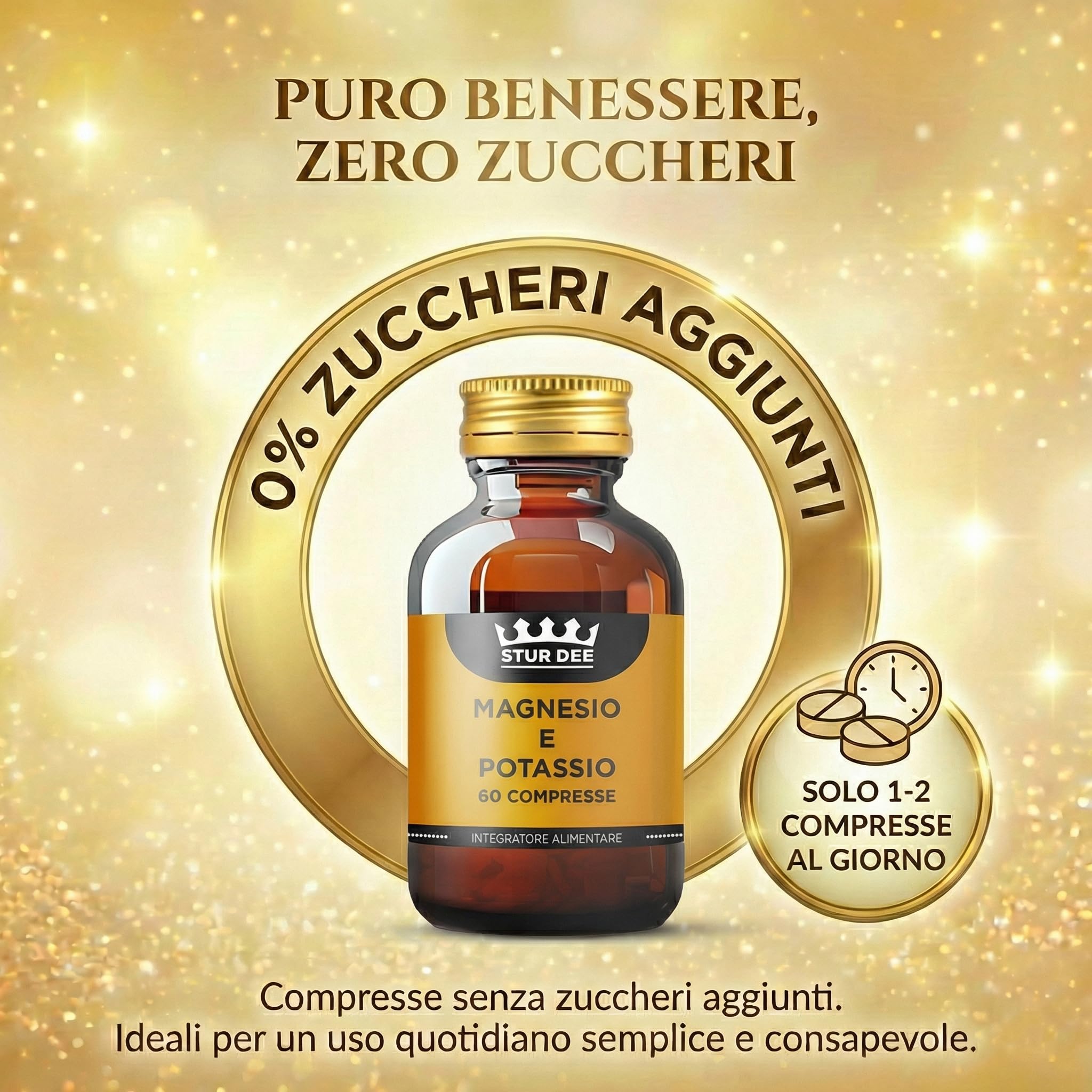 Magnesio e Potassio – Integratore Magnesio e Potassio senza zucchero, Sali Minerali Supporto Energia e riduce la stanchezza, Funzione Muscolare e Sistema Nervoso - 60 Compresse Stur Dee