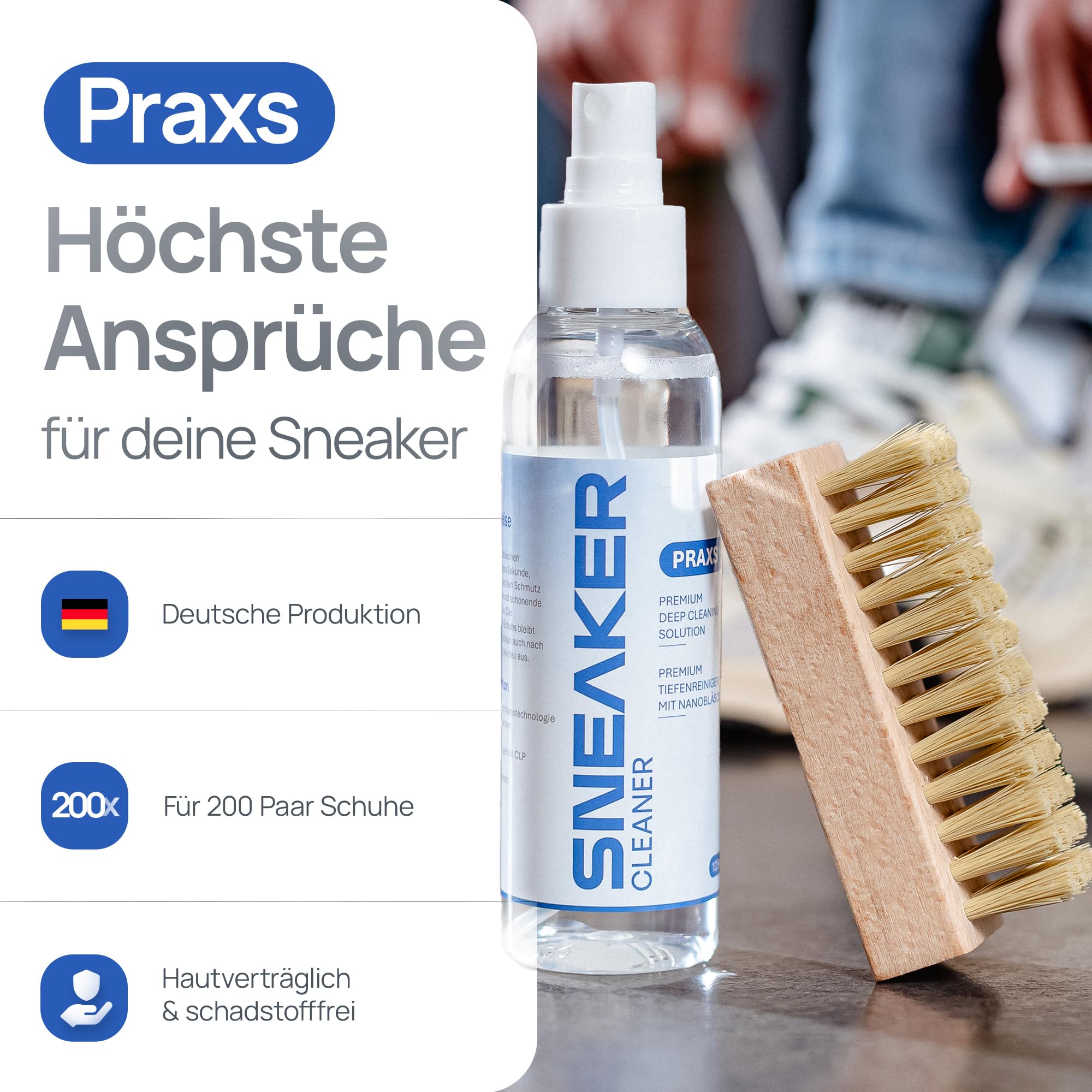 PRAXS® Sneaker Cleaner Premium Set 125 ml – Schuhreiniger & Sneaker Reiniger für weiße Schuhe, Wildleder, Nubuk, Suede & Mesh | biologisch abbaubar | Wildleder Reiniger inkl. Bürste & Mikrofasertuch