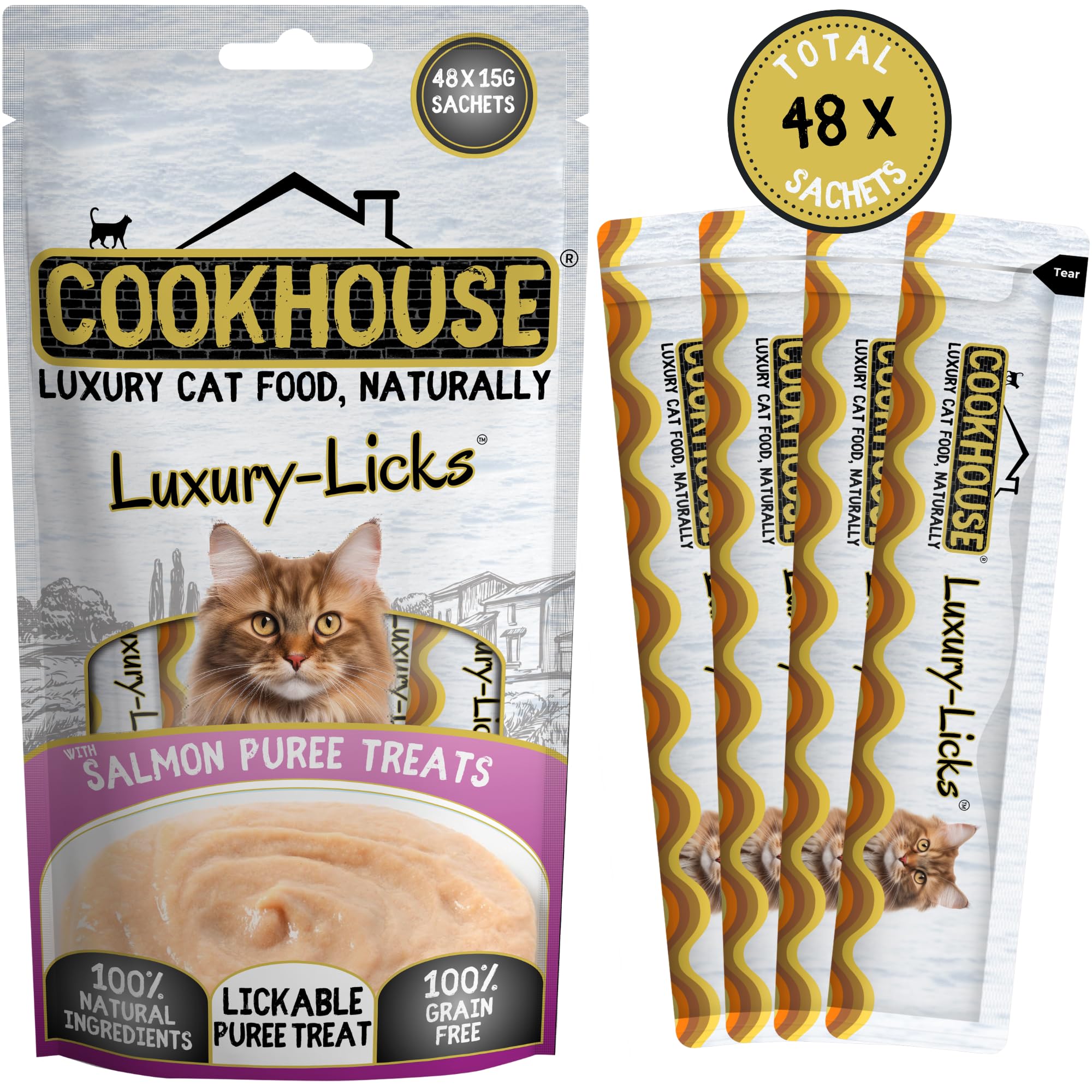 COOKHOUSE Luxury Licks Lickable Cat & Kitten Treats, Salmon, 48 x 15g Sachets, Soft & Creamy Puree, Healthy & Grain Free - Image 2