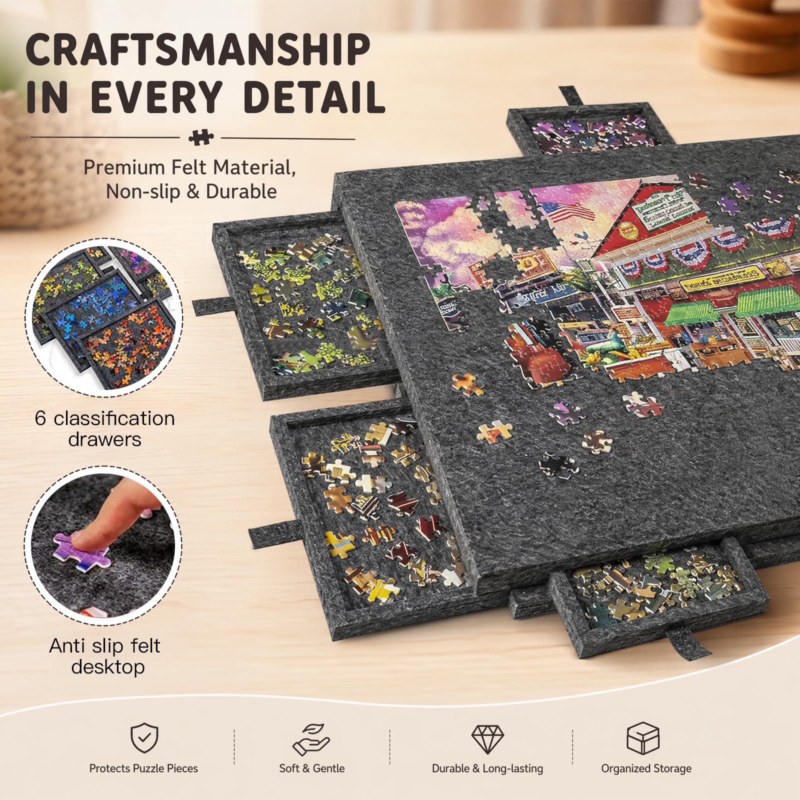 Mesa de rompecabezas de 1000 piezas, tablero de rompecabezas portátil con 6 cajones y cubierta, tablero de puzle de fieltro ligero, mesa de rompecabezas de 1000 piezas, accesorios para puzles para