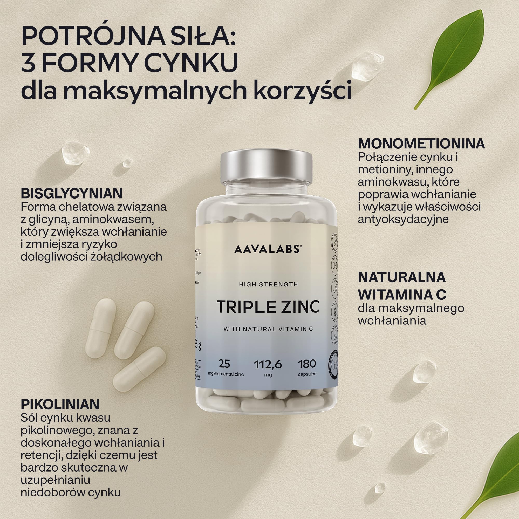 AAVALABS® Potrójny Cynk - Maksymalna Moc - 25 mg na Porcję - Kompleks Cynku - 180 Kapsułek - 3 Formy Minerału - Pikolinian Cynku, Bisglicynian Cynku + Monometionina Cynku