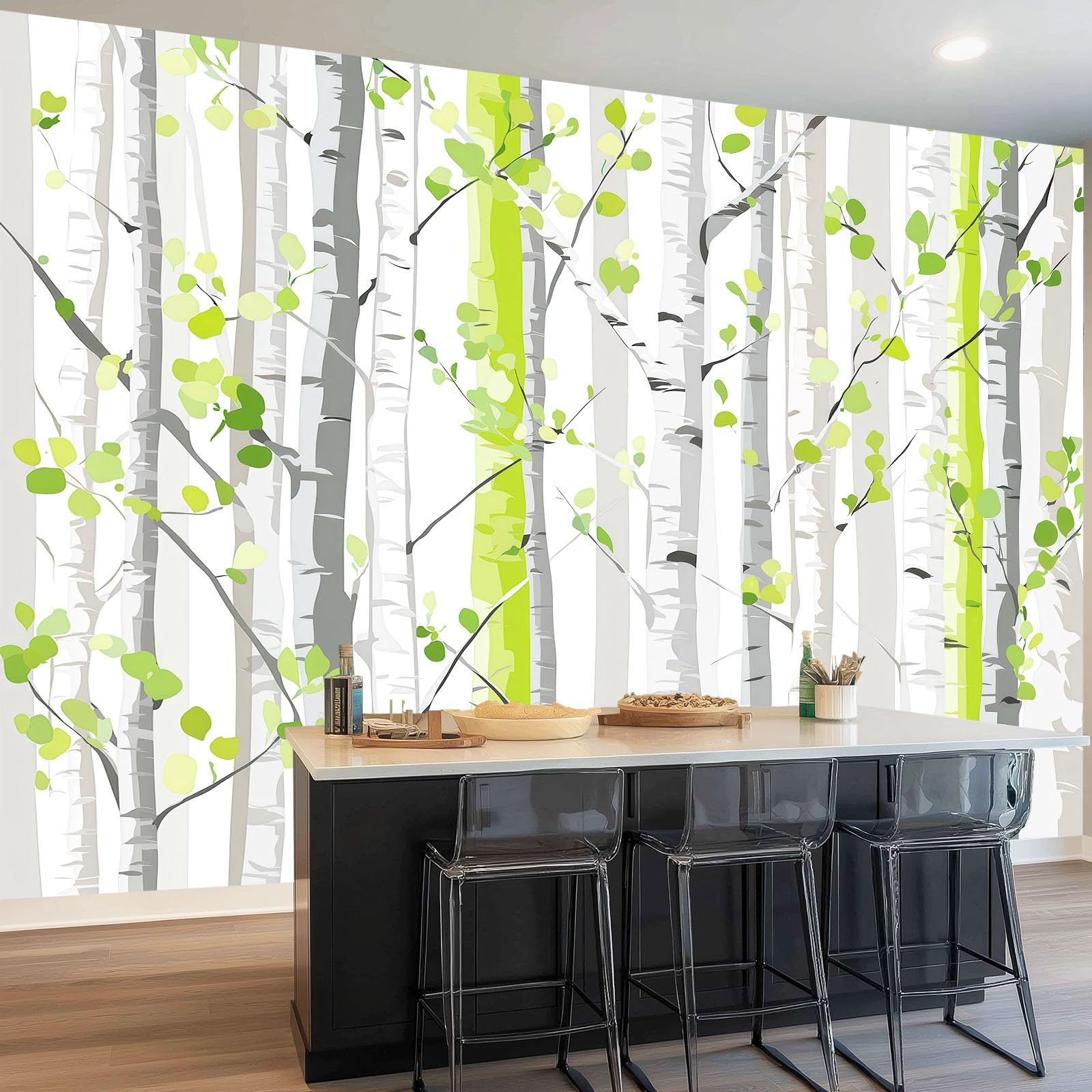 Fototapeta 400 x 280 cm ściany dekoracja salonu natura wzór do sypialni salonu tapeta z włókniny, zielone paski leśne brzozowe