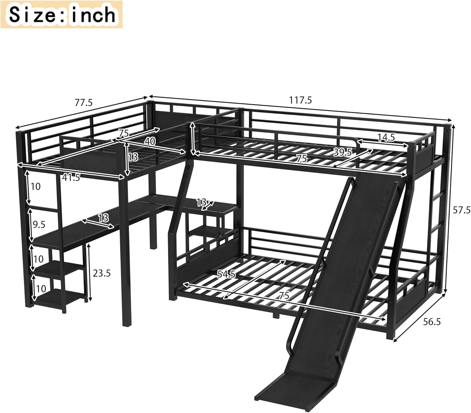 Full Over Twin L-Shaped Metal Bunk Bed with Desk, Storage Shelves & Slide, USB Charging Port, Space-Saving Bed Frame for Teen Bedroom, No Box Spring Needed, Easy Assembly, Black (Twin and Full)