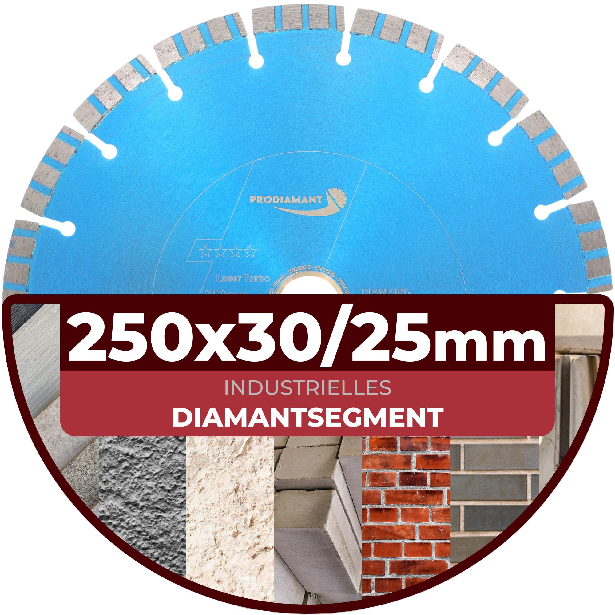 PRODIAMANT Laser Diamanttrennscheibe 250mm x 30 mit Ring 25,4mm Beton Stahlbeton Stein und Ziegel Diamant Turbo-Segmente lasergeschweißt