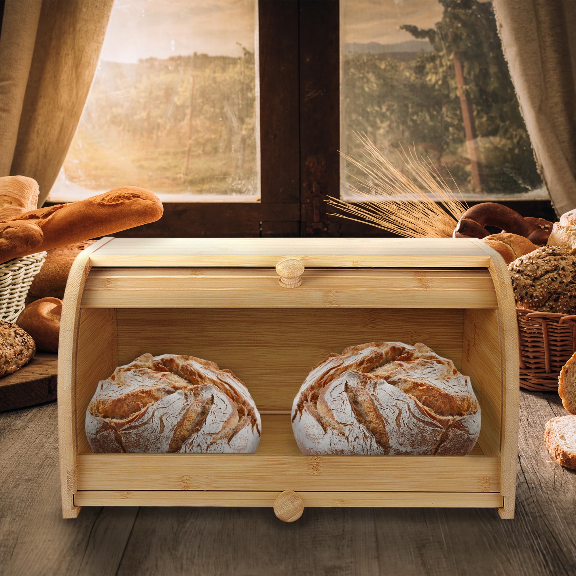 Fishtec - Boîte à Pain en Bambou avec Planche à Découper Intégrée - Récupération des Miettes - Caisse à Pain - Panier à Pain - Porte Coulissante - Idéal pour Conserver Votre Pain - 37 x 23 x 19,7 cm
