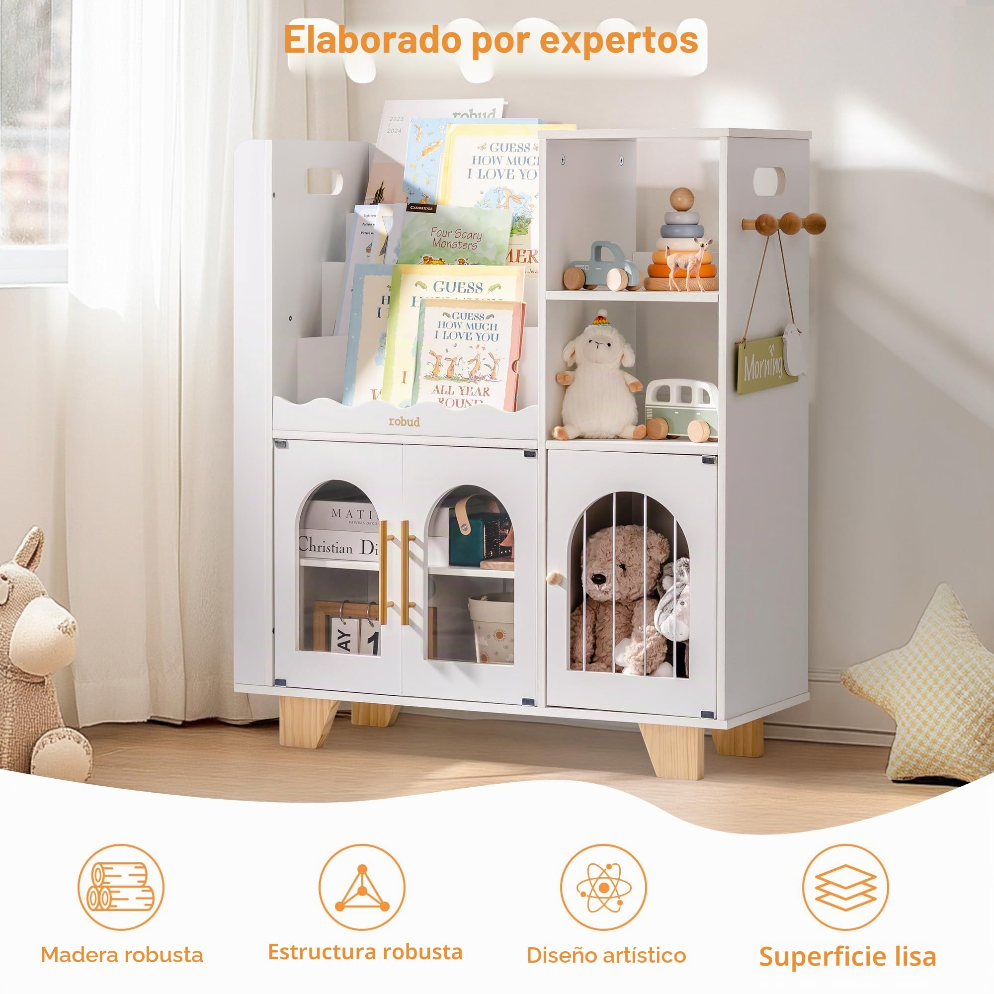 ROBUD Estantería para Libros Infantiles, Color Blanco, de Madera, Varios Niveles, con Zona de Almacenamiento de Juguetes, Armario Infantil para Grandes Libros de imágenes, Muebles Infantiles