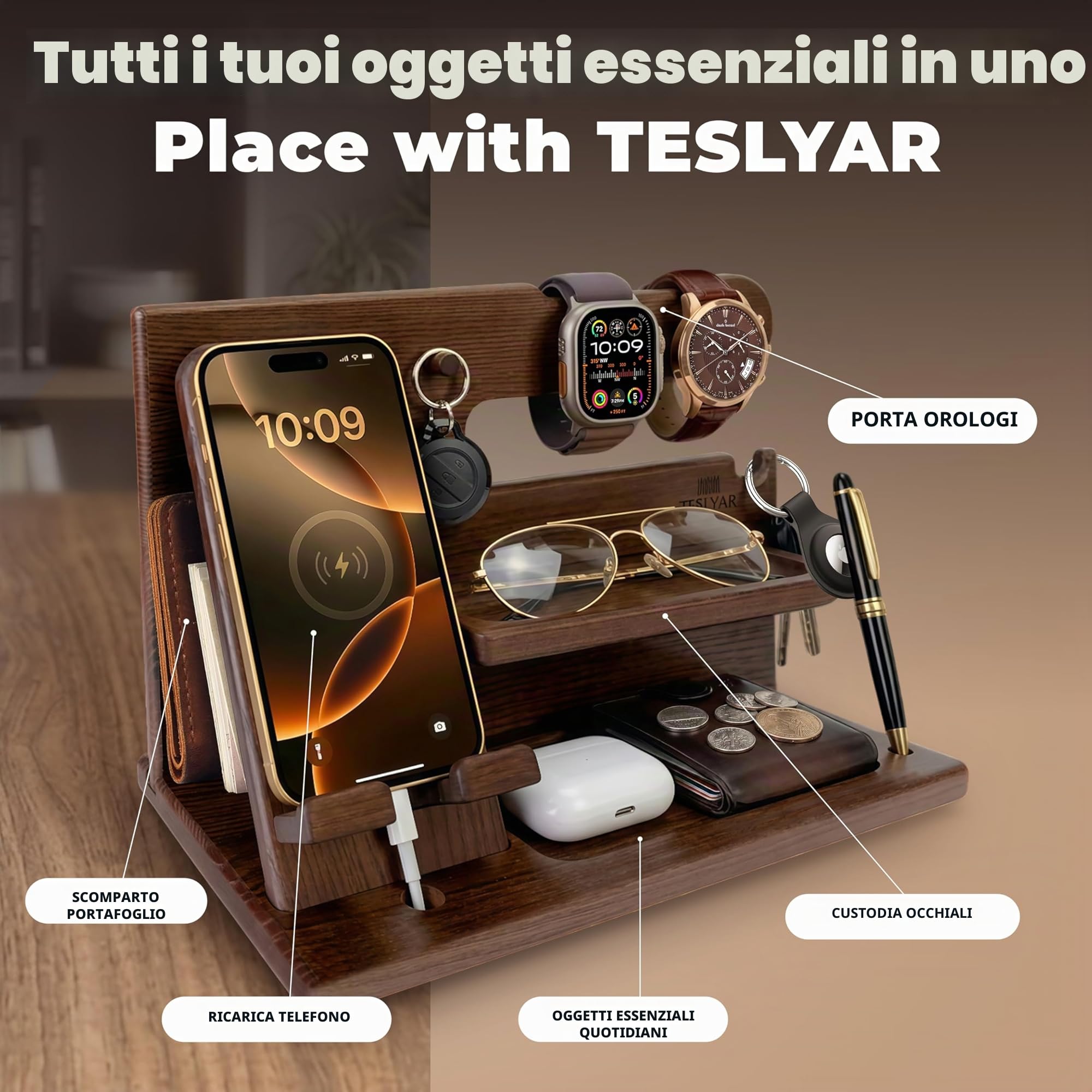Teslyar Docking Station in Legno Massello di Frassino, Organizer da Comodino per Smartphone, Orologio, Portafoglio | Idea Regalo Uomo/Donna per Natale, Marito, Moglie, Papà (Marrone)