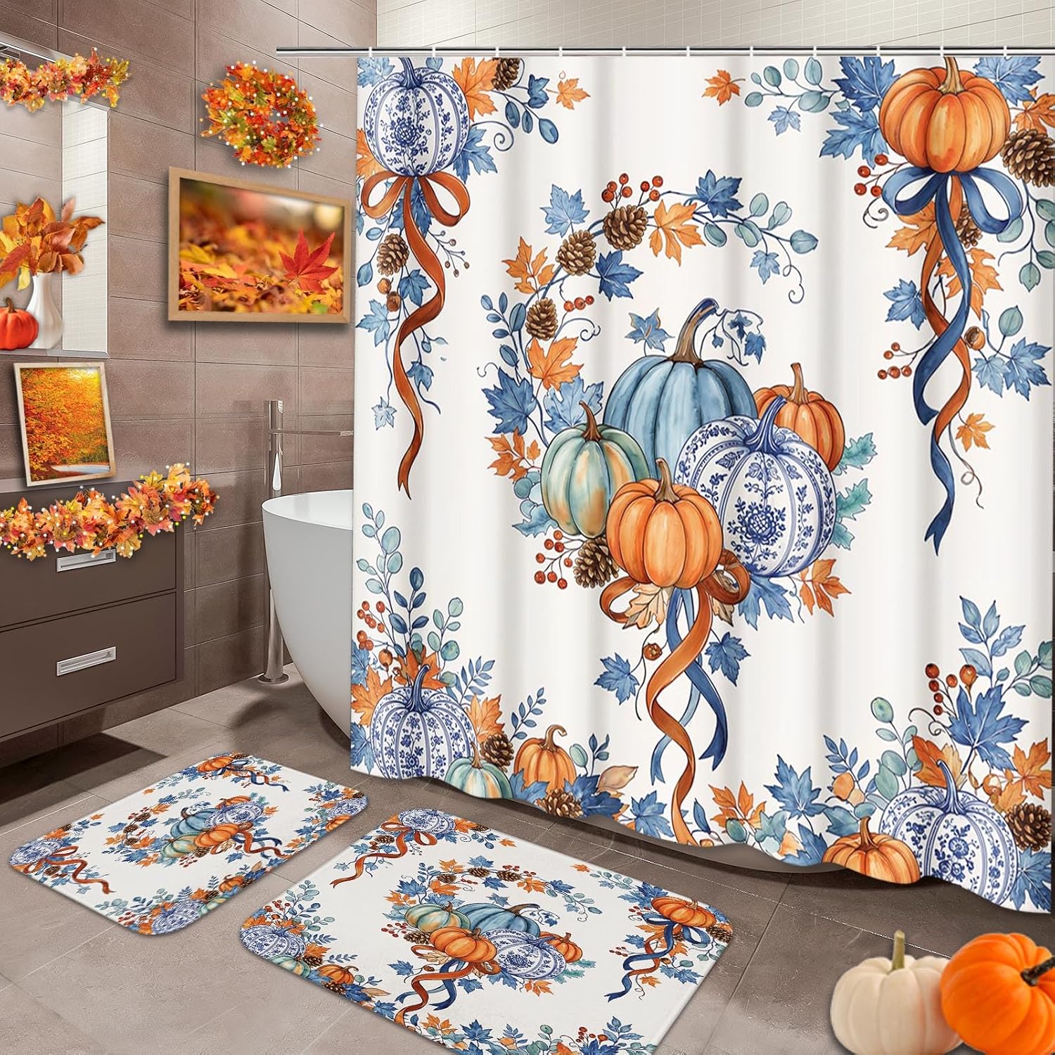 Arttown Fall Bathroom Set, Shower Curtain and Bath Rugs Chinoiserie Pumpkin