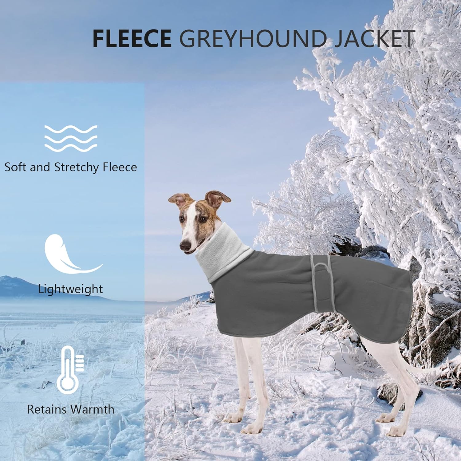 Geyecete Greyhound Cosy Fleece Jumper, Dog Winter Coat with Warm Fleece Lining, Outdoor Dog Apparel with Adjustable Bands for Medium, Large Dog Gray-M