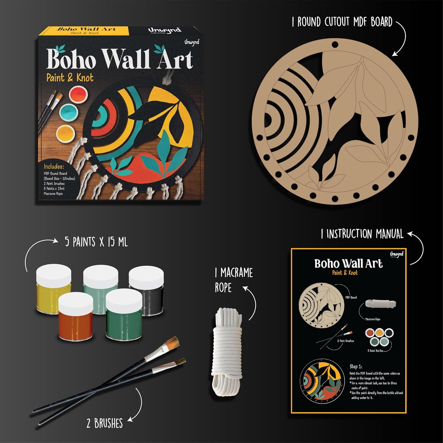 Unwynd Boho Wall Art – Paint & Knot Craft Kit – Paint 10" MDF Round Cutout and Learn Beautiful Macrame Knots, Creative Craft Activity for Adults, Ideal for Home Decoration, Perfect Creative Gift for Adults and Teens