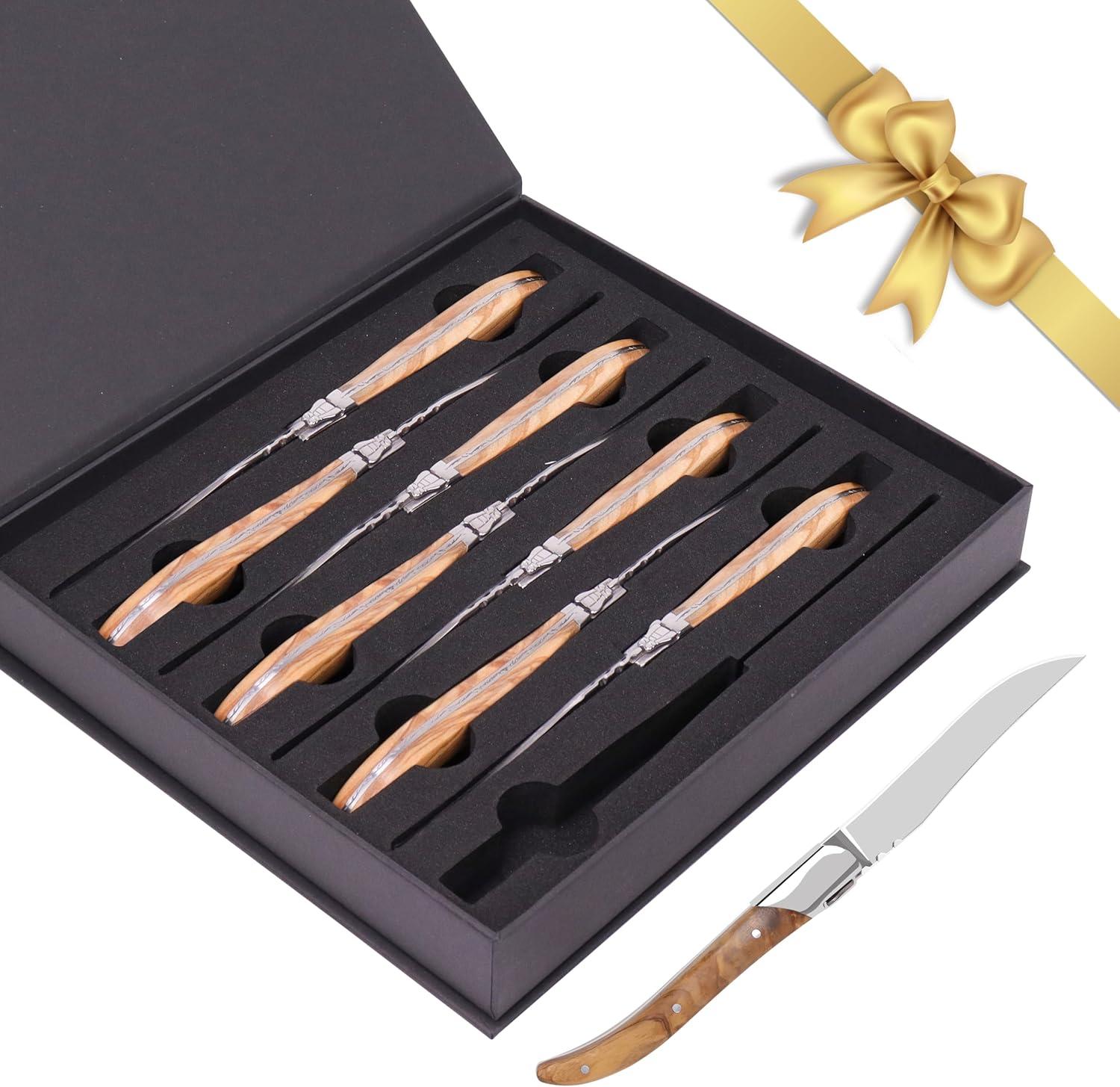 LUVCOSY Laguiole Style Steak Knife Set of 8, Non-serrated Steak Knife Set with Olive Wood Handle, Sharp Stainless Steel Steak Knives with Gift Box, Dinner Cutlery Set for Home Party