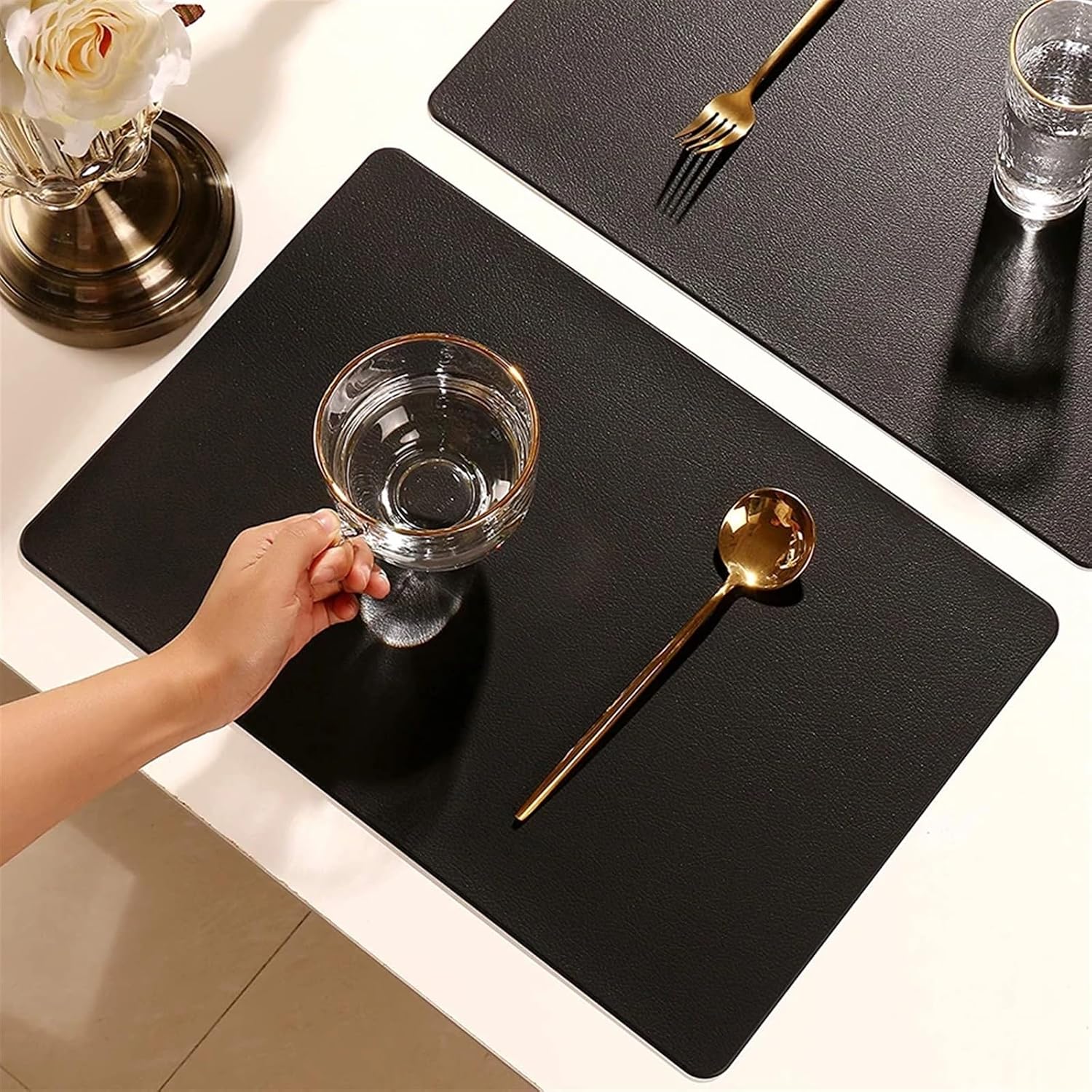 4PCS 30x45cm Black Placemat Faux Leather Polyester Mat for Kitchen Dining Stain-Resistant Decorations for Home Table(Placemat E)