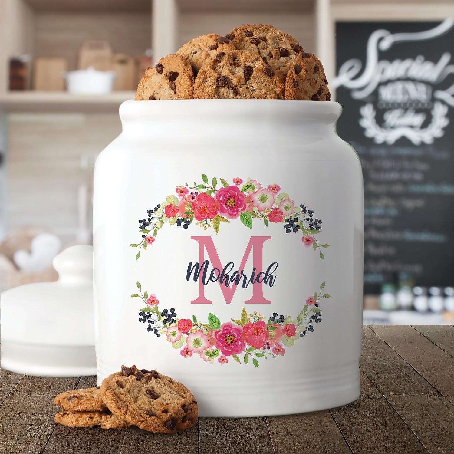 Personalized Spring Floral Cookie Jar with Name & Initial – Custom Ceramic Kitchen Storage
