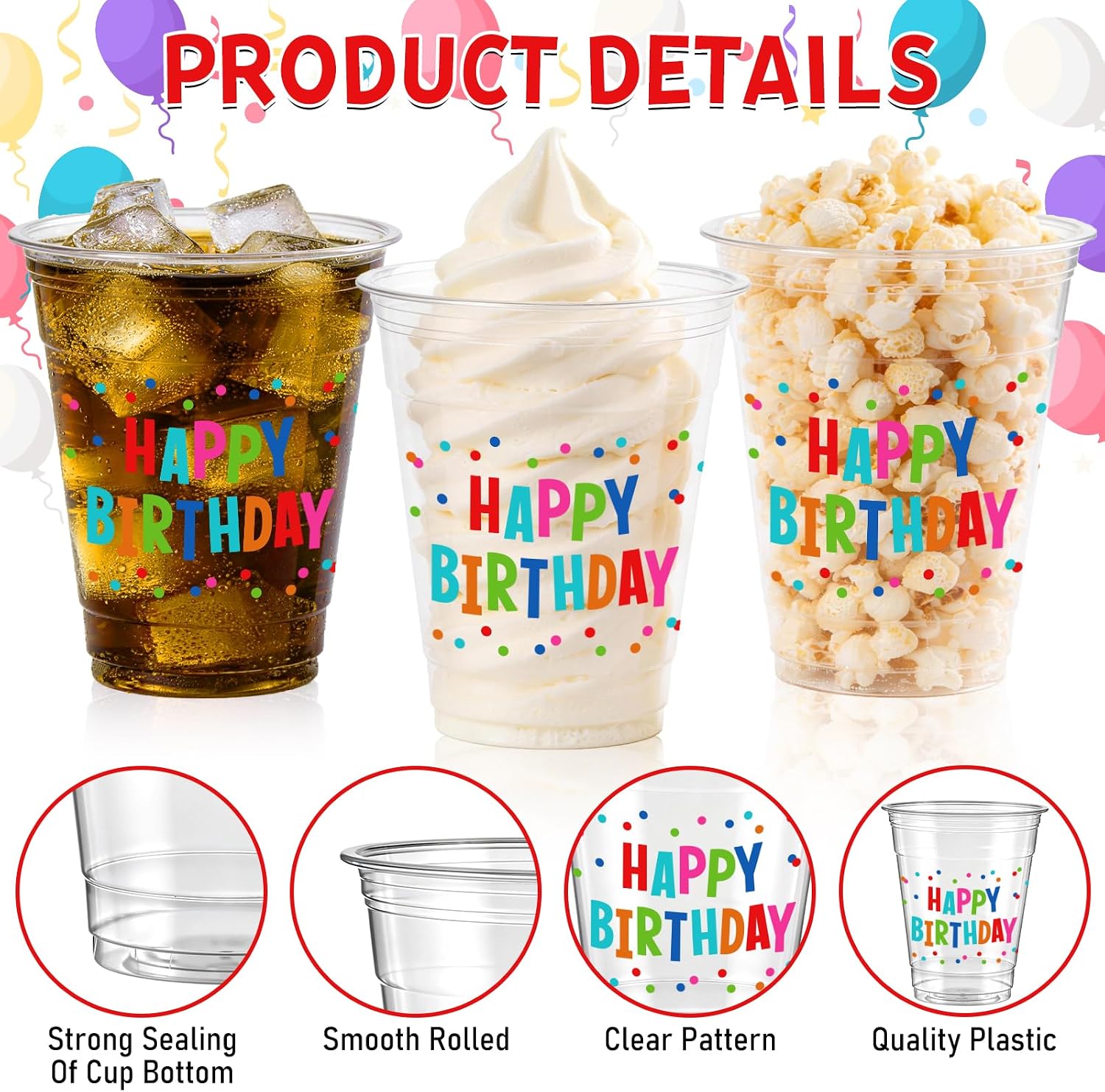 50 PCS Dots Design Happy Birthday Plastic Cups,12 OZ Clear Disposable Cold Hot Drinking Cups Beverage Water Container Colorful Dots Themed Events Party Supplies