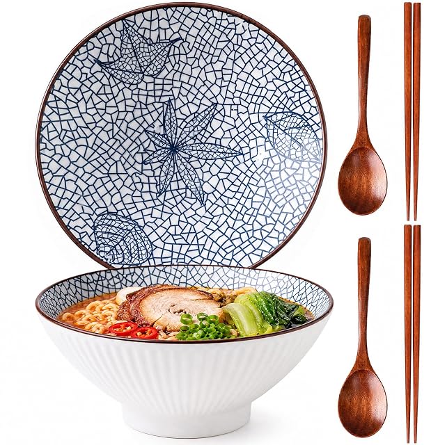 Ceramiczne miski do ramenu, 1000 ml, zestaw 2 misek do ramenu, japońska miska ceramiczna, miski do ramenu z łyżką i pałeczkami, miska do sałatek (abstrakcyjna)