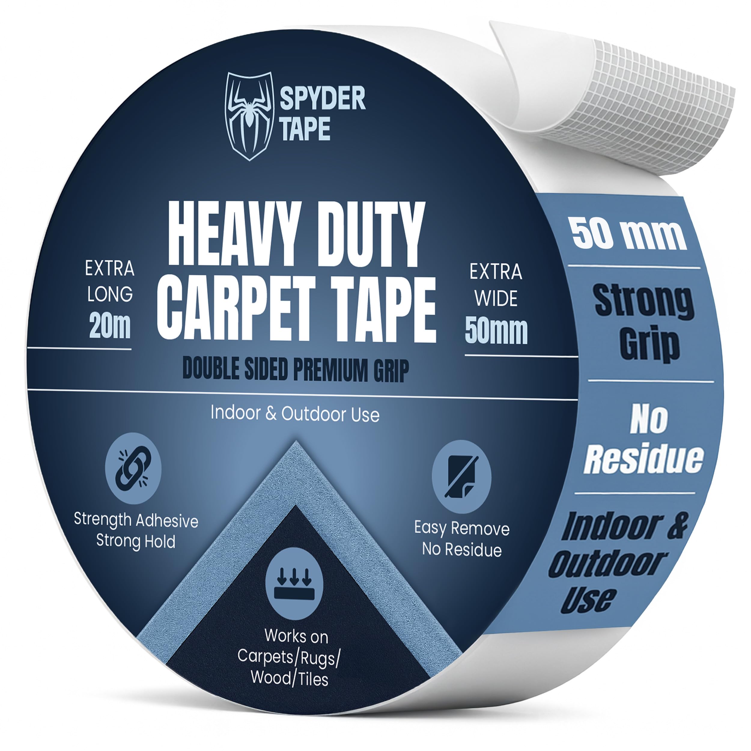 Carpet Tape 50mm x 20m – Heavy Duty Double Sided Rug Tape for Hardwood Floors, Laminate, Vinyl & Tile – Strong Anti-Slip Adhesive for Rugs, Runners, Mats, Carpet Tiles & Stair Treads – No Residue