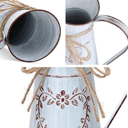 Miniatura 6 de Yoillione Jarrón de metal, jarrón azul claro con asa, florero rústico para decoración del jardín del hogar, pequeño jarrón de lata para boda