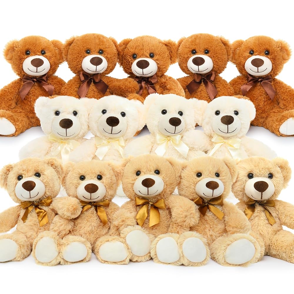 MorisMos 14 Piece Teddy Bears Bulk Baby Shower,14 Inch Cute Teddy Bear Stuffed Animals Plush,Small Stuffed Bears,Centerpiece Decoration,Brown,White,Dark Brown