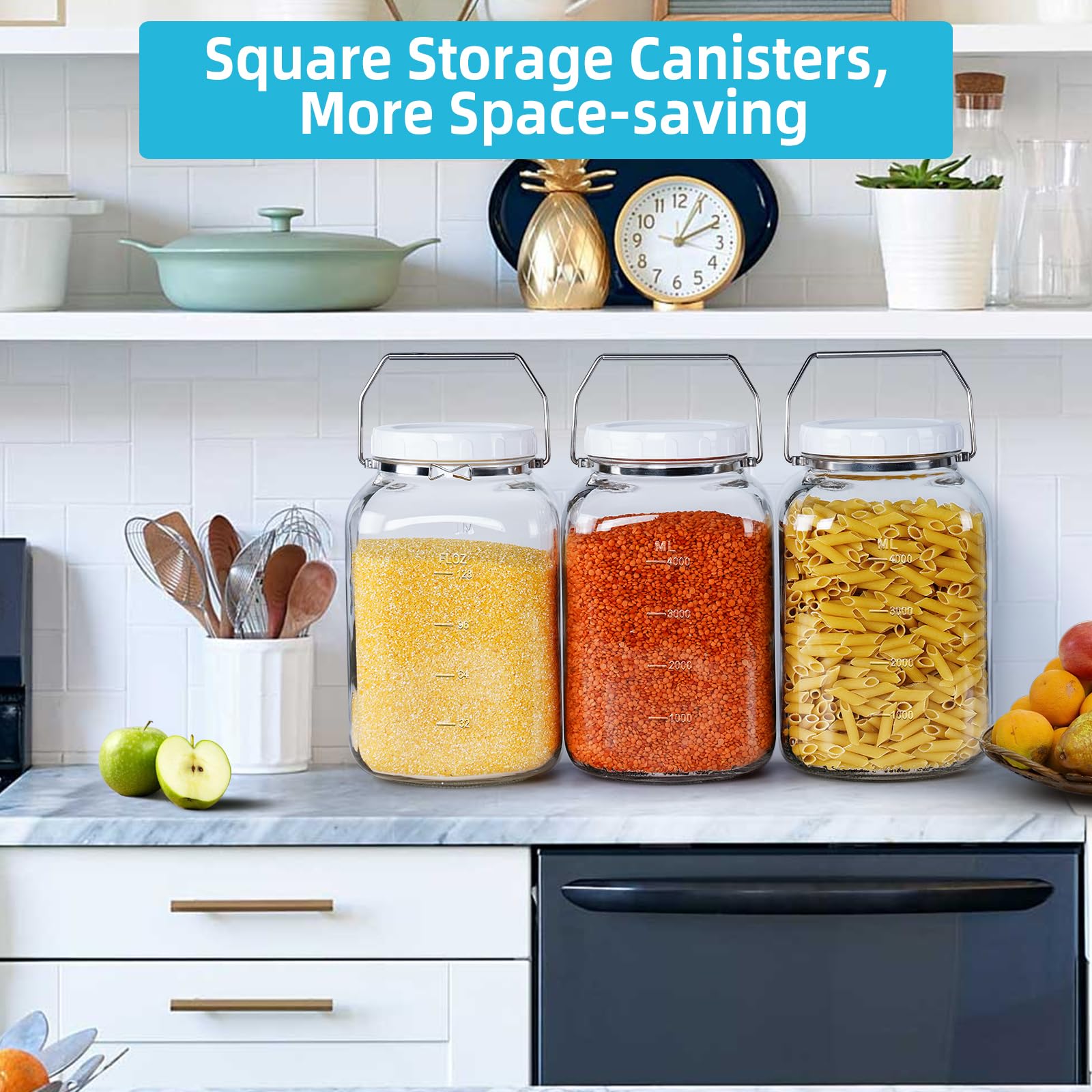 Absovetu Paquete de 2 tarros grandes de vidrio con tapa hermética de 5,7 litros, tarro cuadrado de almacenamiento de vidrio con asa de boca ancha para pasta, arroz, encurtidos, galletas, recipientes
